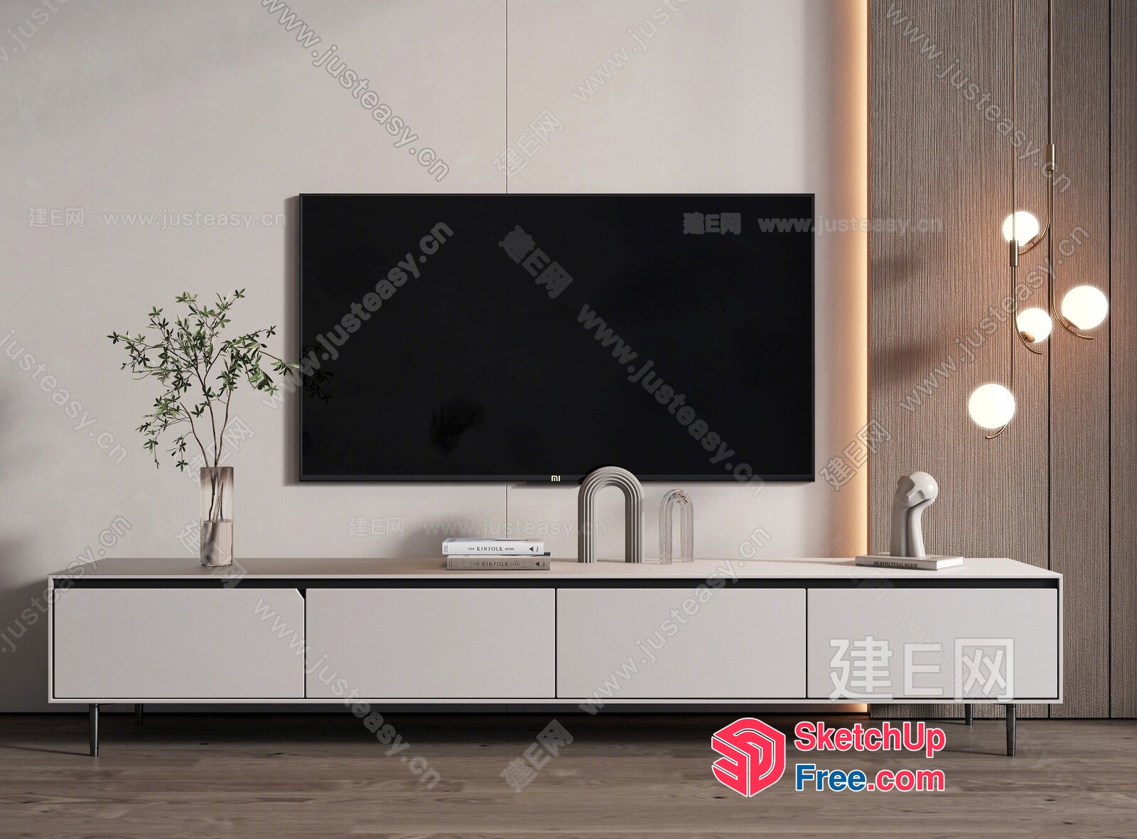 Modern Minimalist Tv Wall With Sleek White Cabinet And Elegant Lighting 3D SketchUp File
