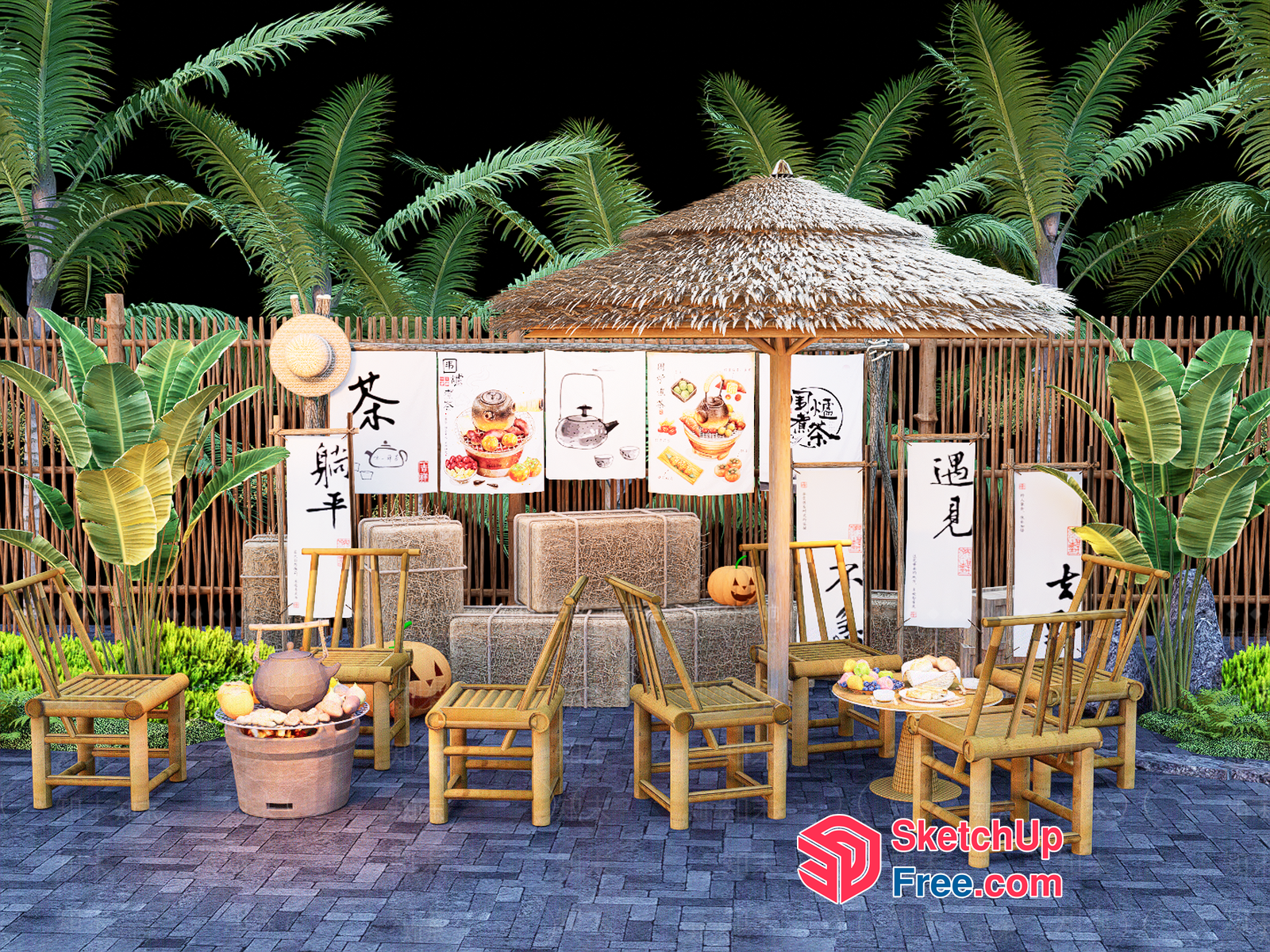 Tropical Outdoor Seating Area With Asian-Inspired Decor 3D SketchUp File