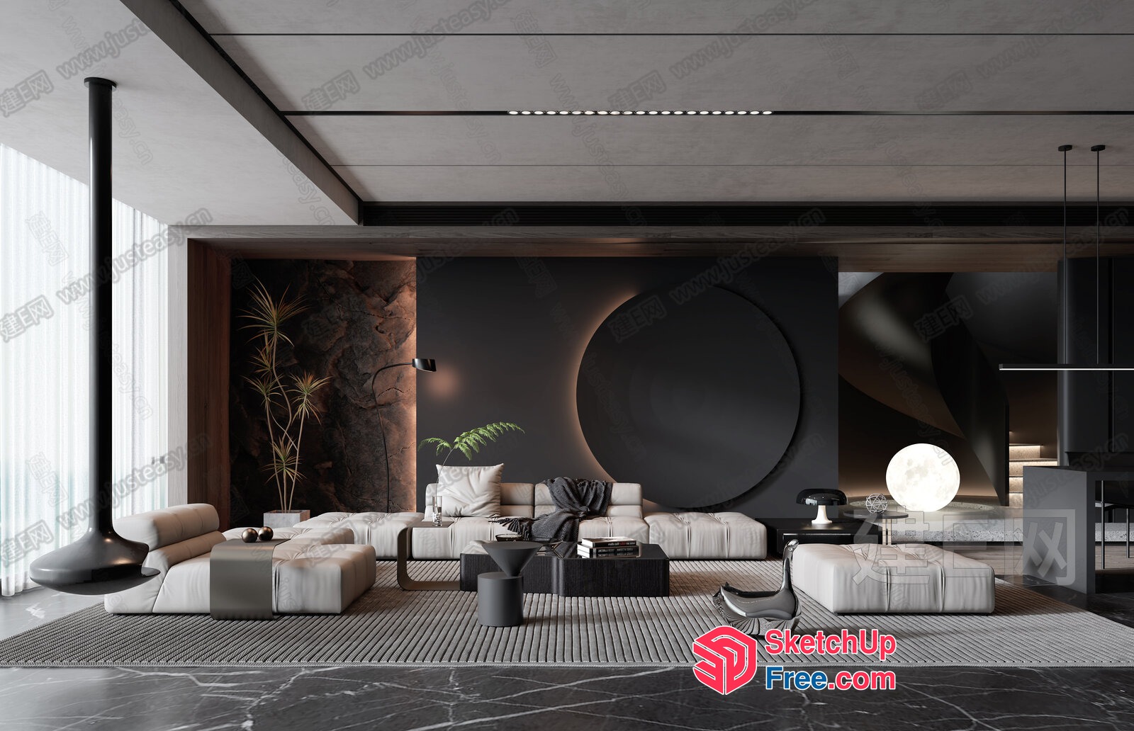 Modern Living Room With Dark Accent Wall 3D SketchUp File