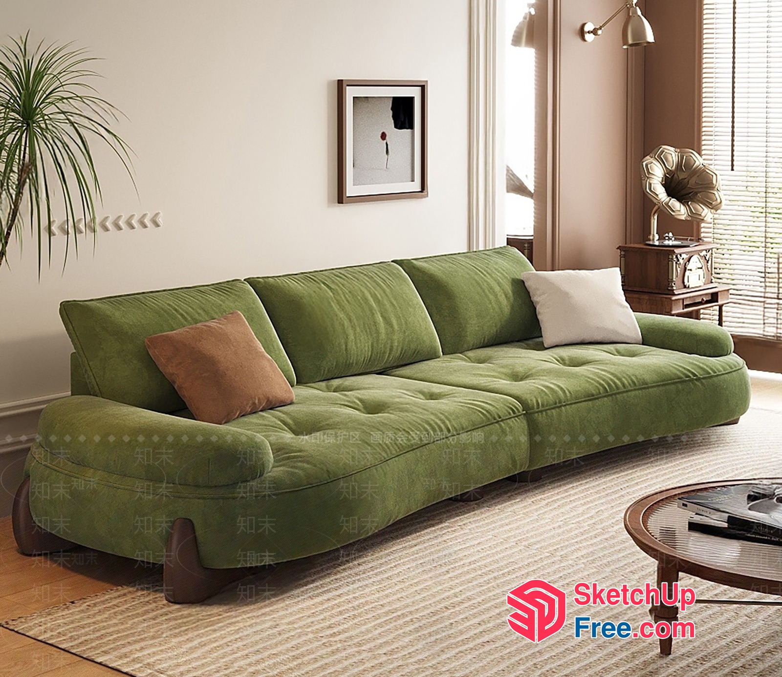 Vintage Style Green Sofa With Wooden Legs 3D SketchUp File