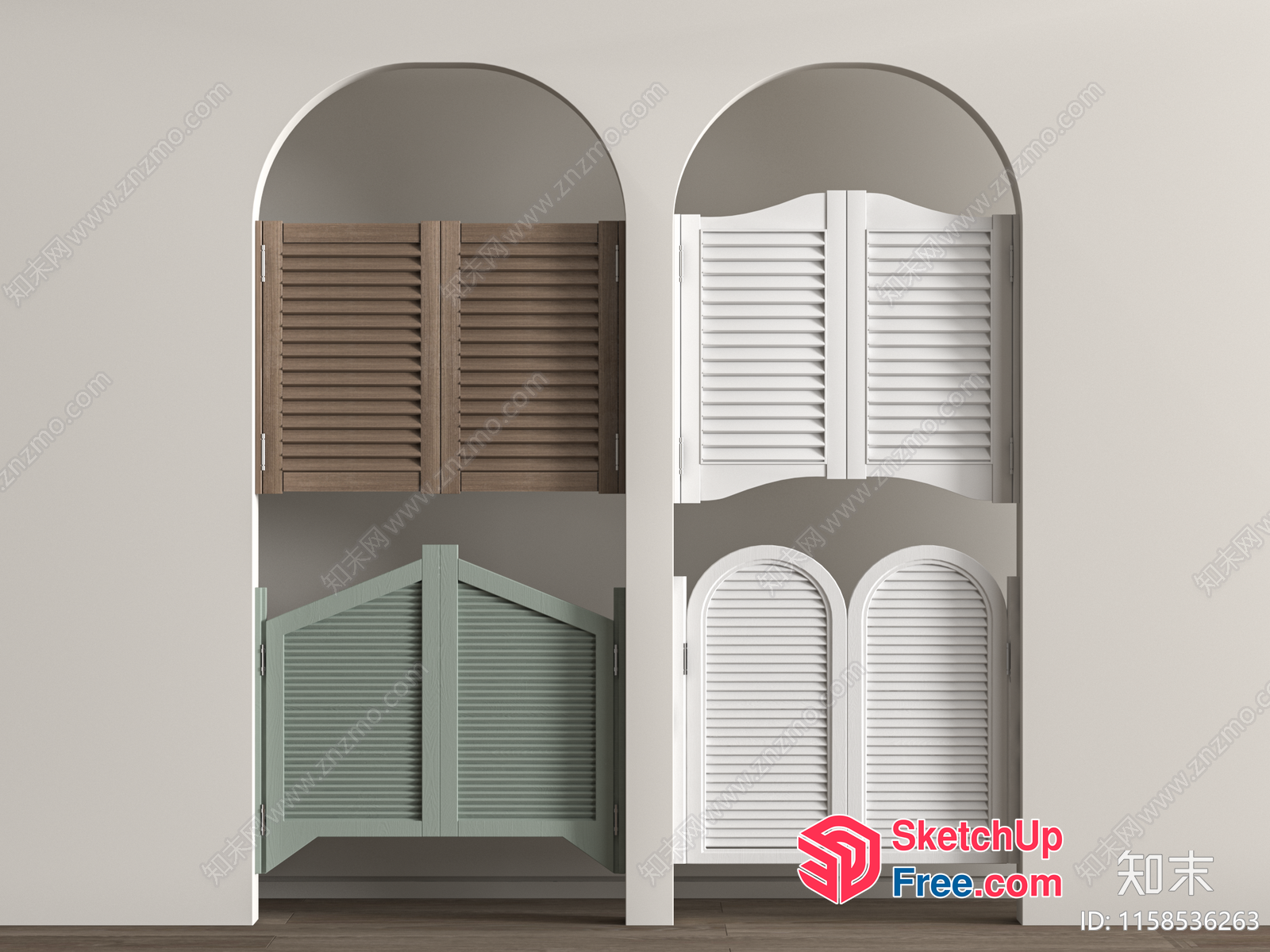 White And Brown Arched Window With Shutters 3D SketchUp File