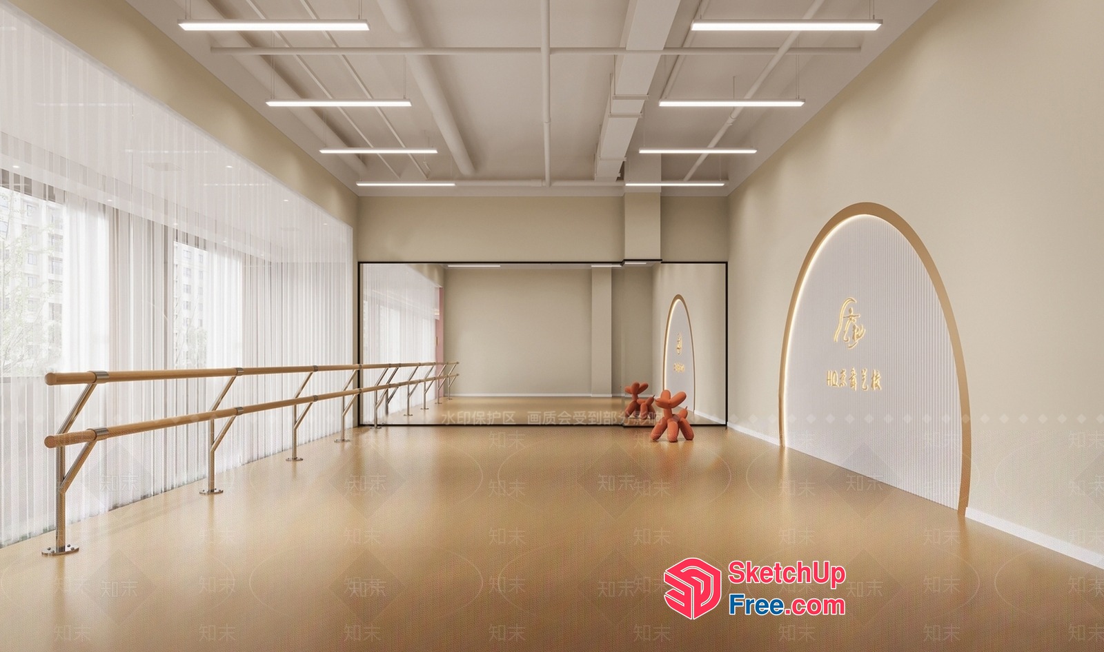 Modern Dance Studio With Elegant Barre And Sleek Lighting 3D SketchUp File