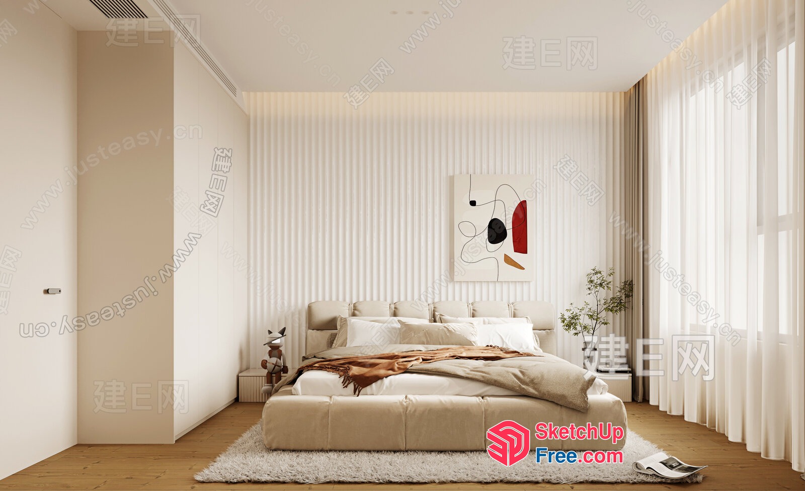 Elegant Minimalist Bedroom With Creamy Style Decor 3D SketchUp File