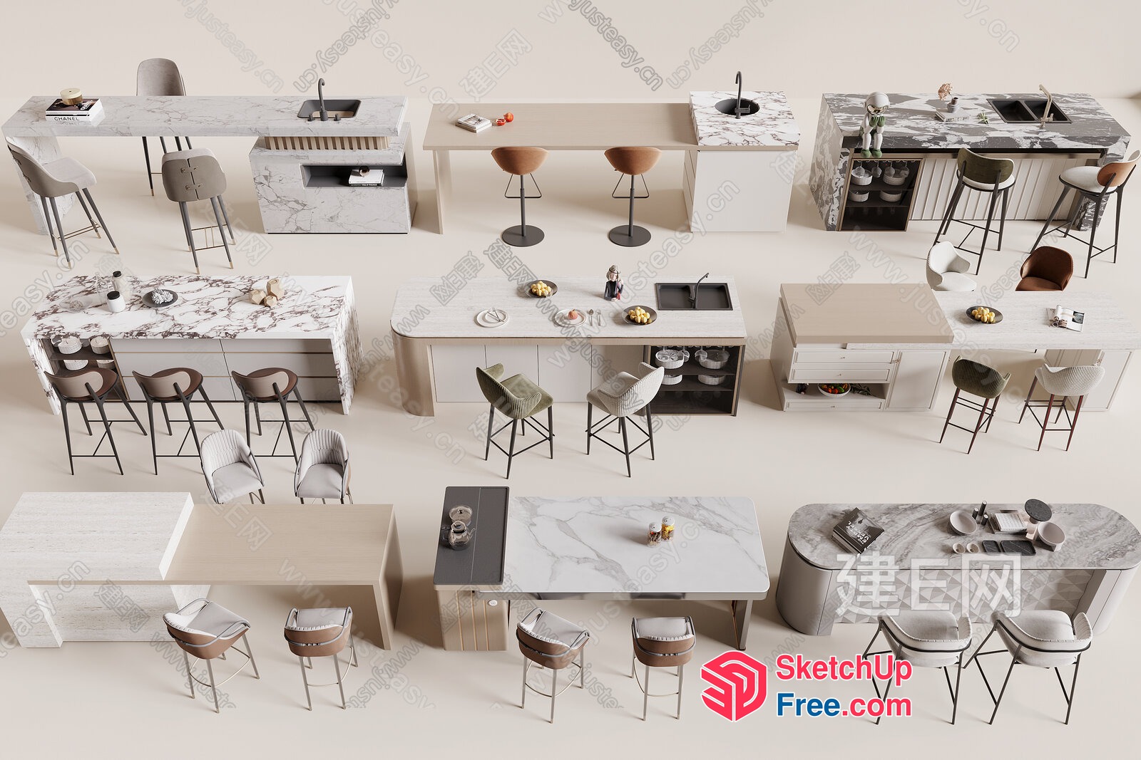 Modern Kitchen Island Designs And Chairs 3D SketchUp File