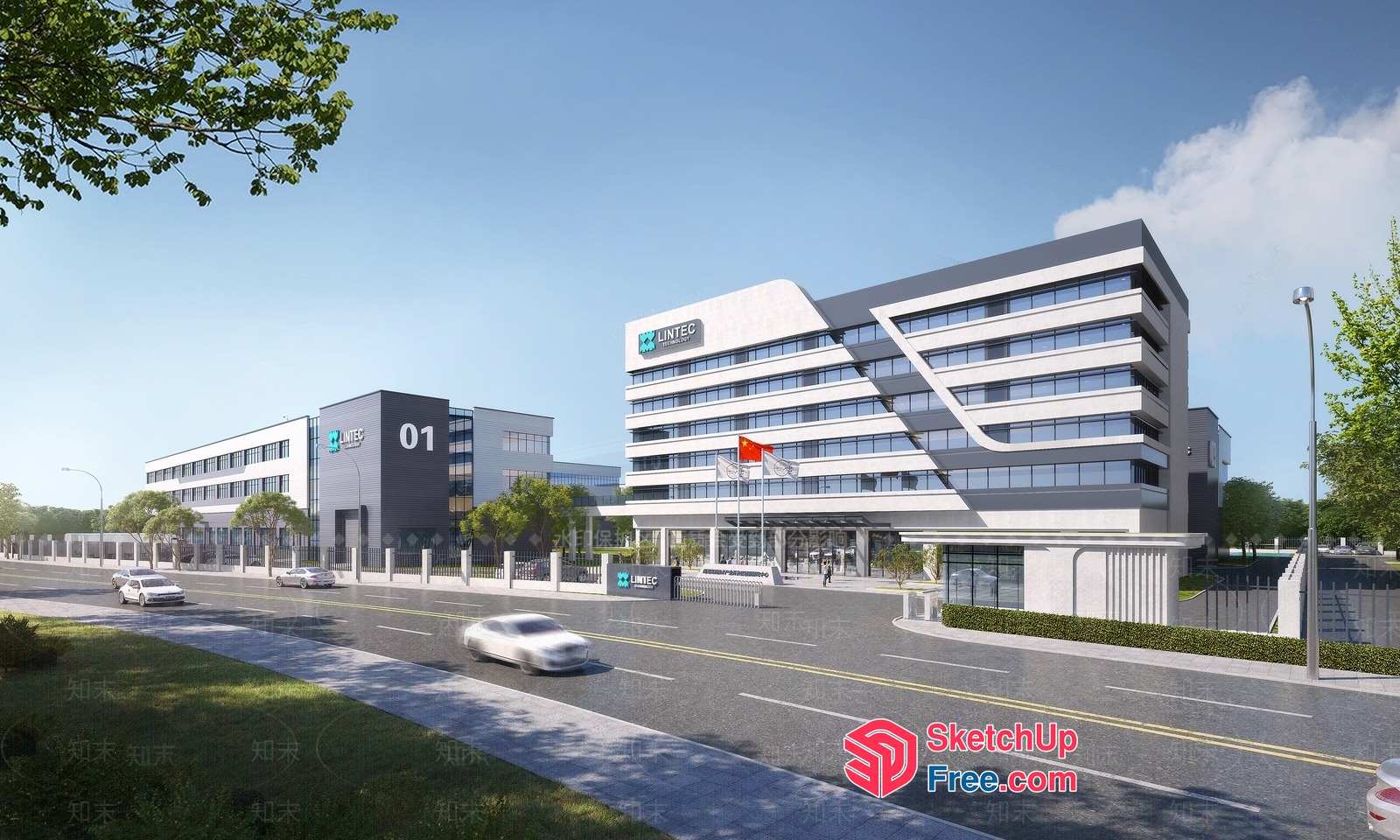 Modern Office Building Exterior With Lintec And Lintec Signage 3D SketchUp File