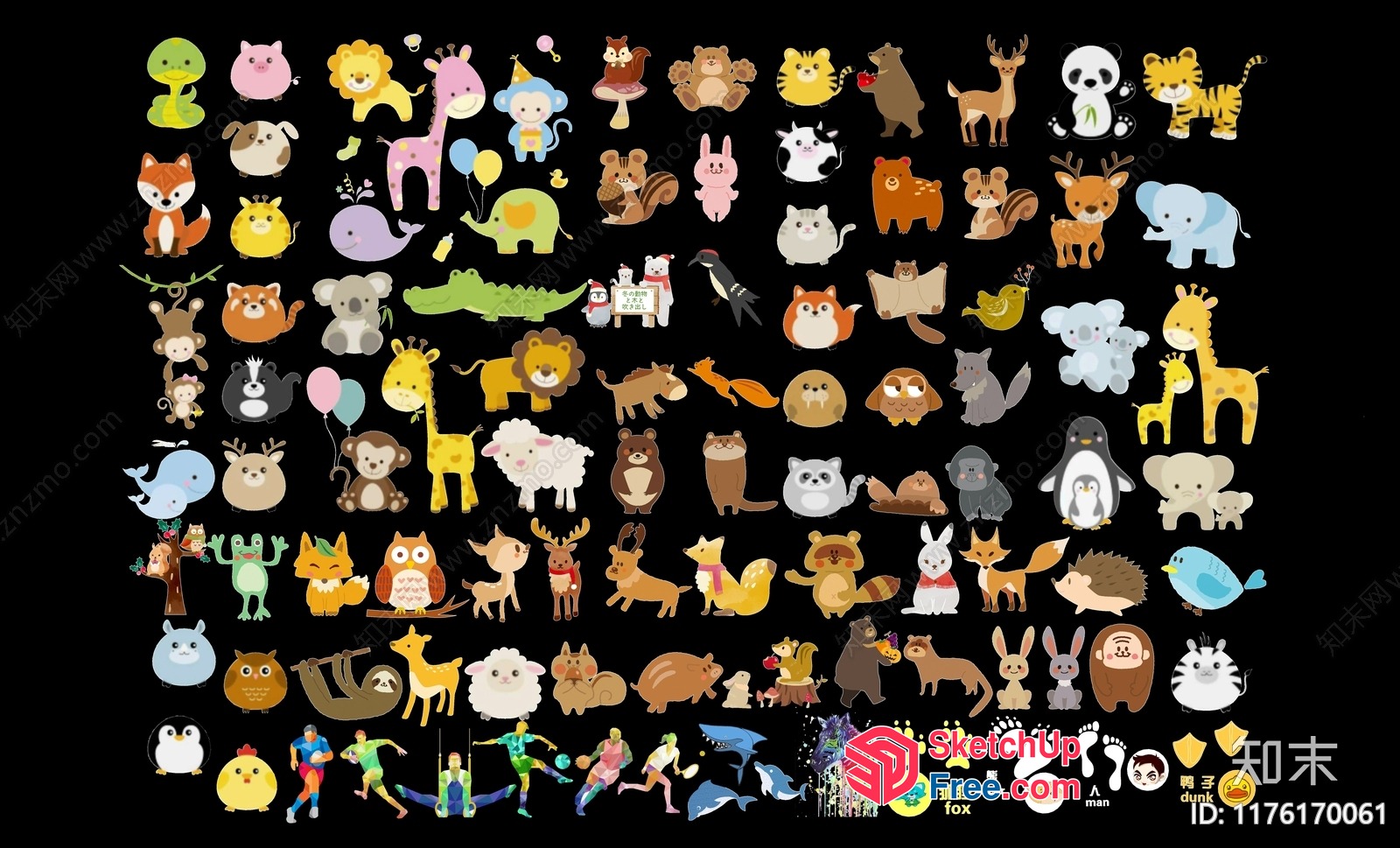 The image presents a diverse array of cartoon animals, including mammals, birds, reptiles, and insects, showcasing a vibrant and playful atmosphere. The image is divided into several sections, each featuring a distinct group of animals.

Section 1: Mammals

 A large collection of mammals, 3D SketchUp File