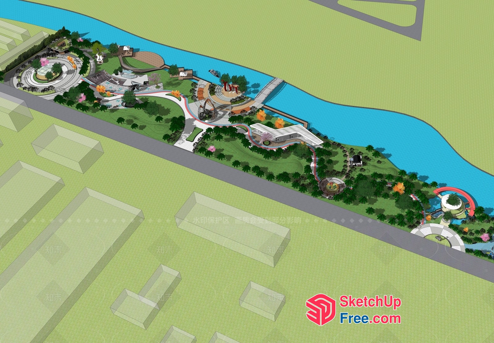 Modern Waterfront Park And Recreational Area 3D SketchUp File