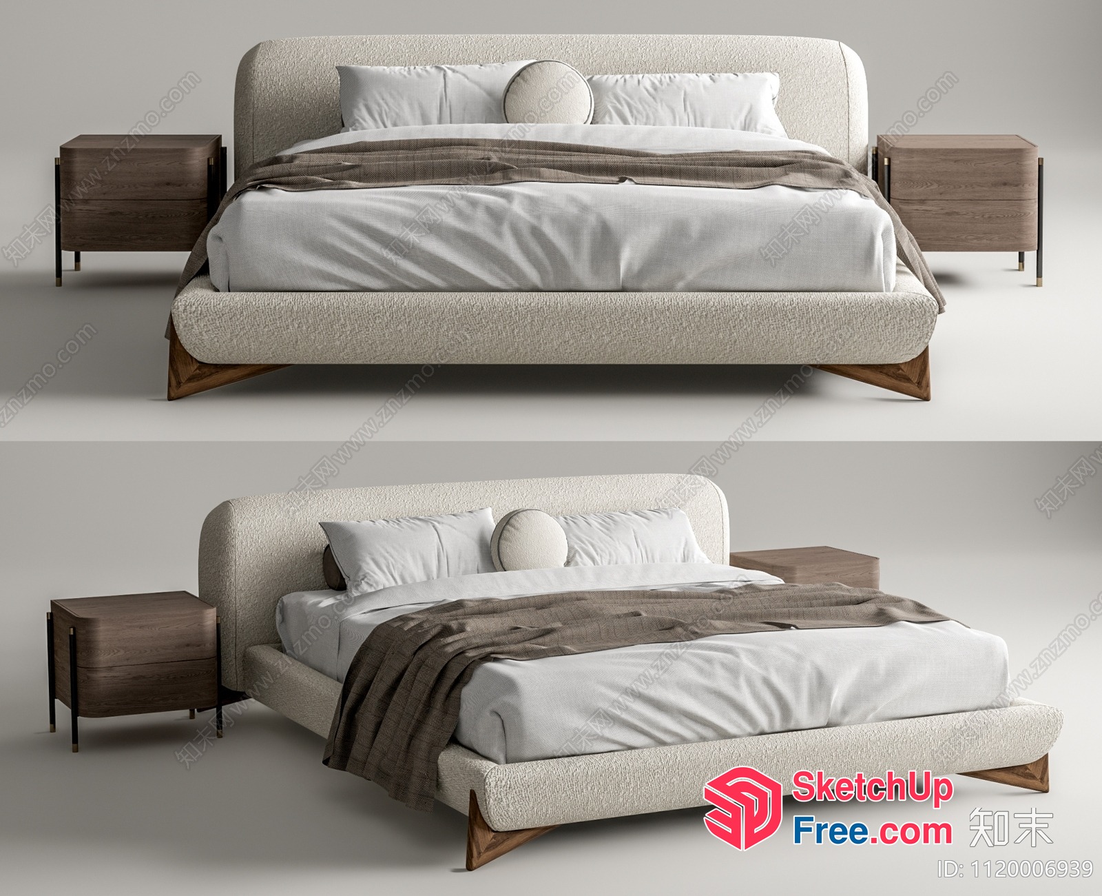 Elegant Modern Creamy Style Bed With Bedside Tables 3D SketchUp File