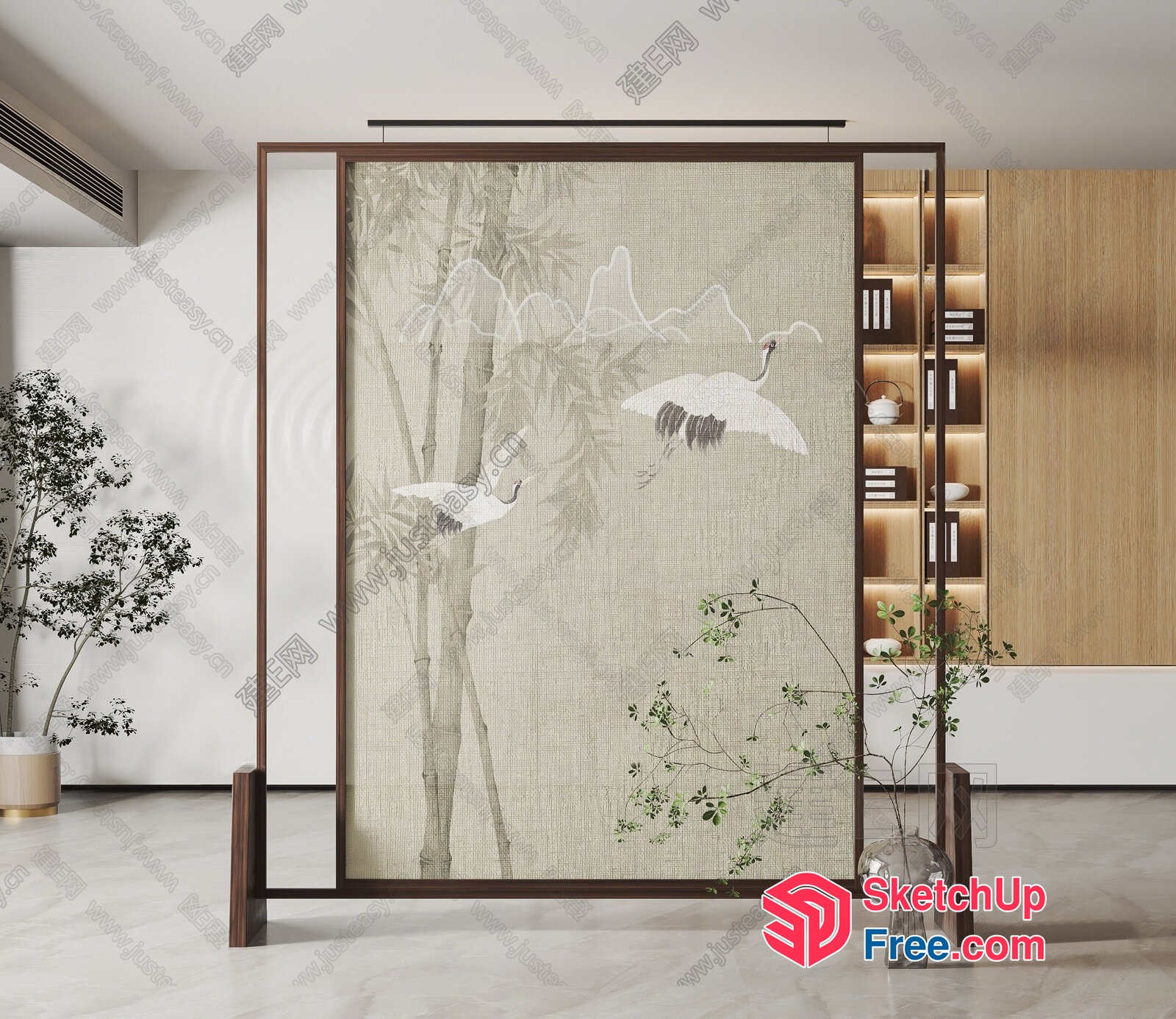 Elegant Partition Screen With Cranes And Bamboo 3D SketchUp File