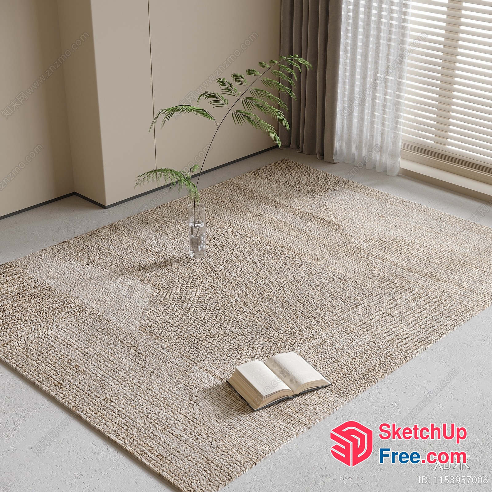 Beige And White Textured Rug With Book And Plant 3D SketchUp File