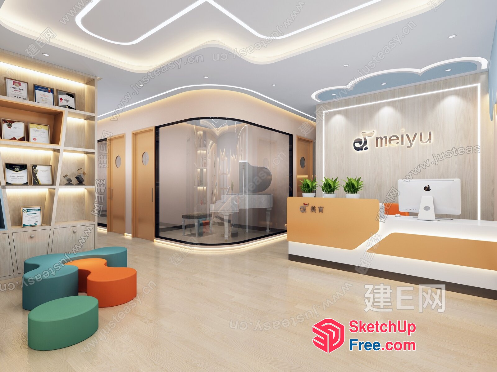 Modern Office Interior With Glass Partition And Reception Desk 3D SketchUp File
