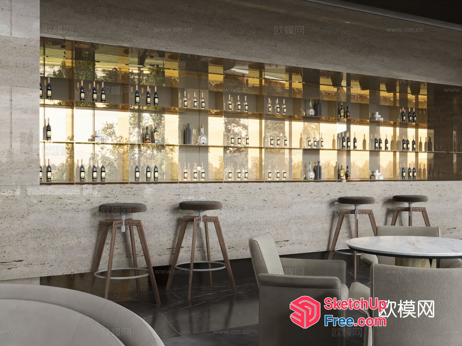 Modern Bar With Wine Bottles And Stools 3D SketchUp File