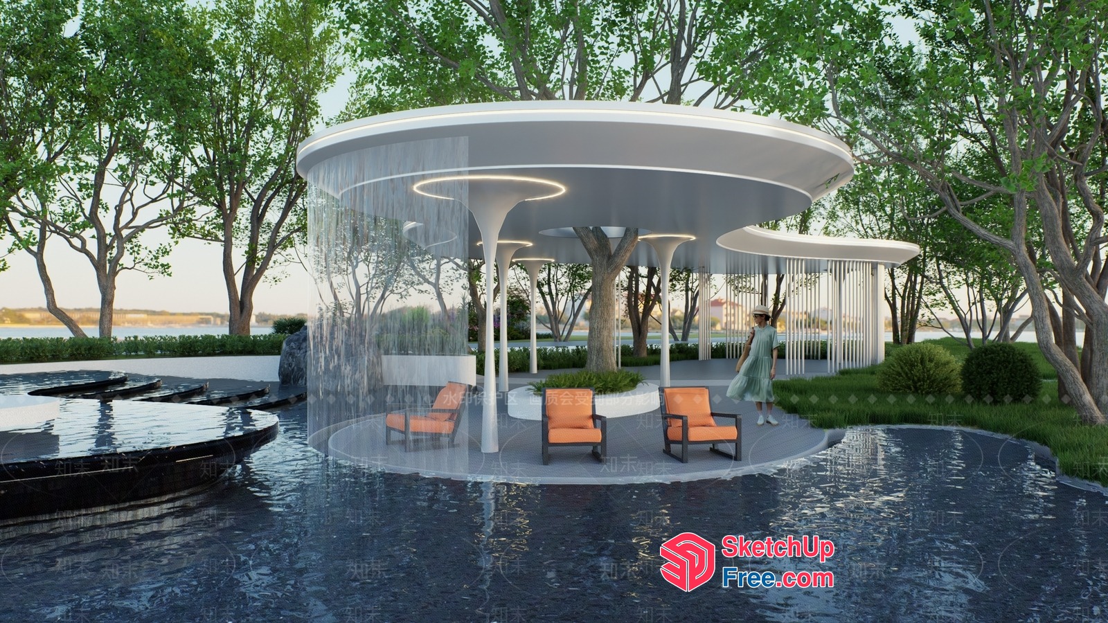 Modern Outdoor Pavilion With Waterfall Feature 3D SketchUp File