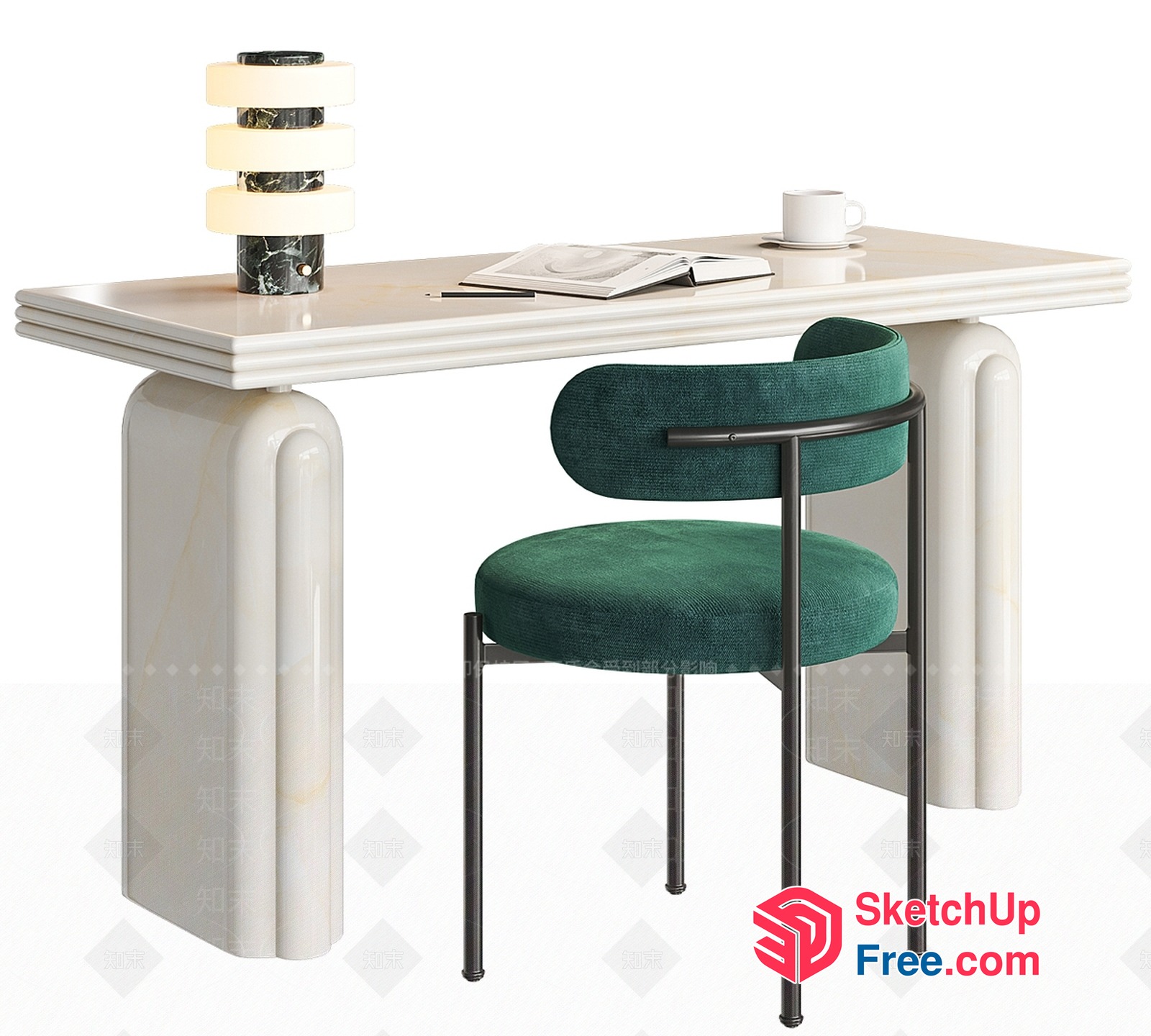 Elegant White Desk With Green Chair And Marble Lamp 3D SketchUp File