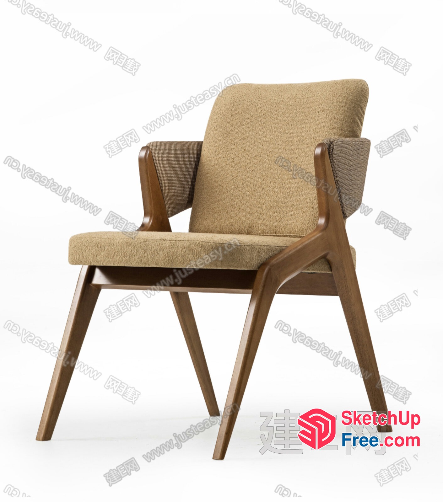 Mid-Century Modern Wooden Chair With Beige Upholstery 3D SketchUp File