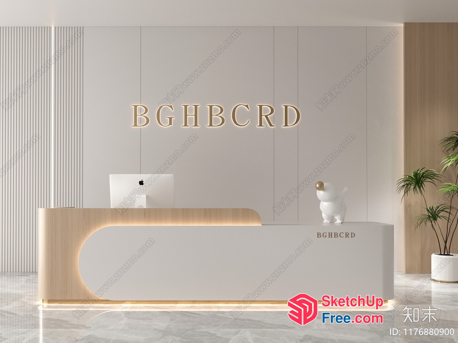 Modern Reception Desk With Apple Computer And Decorative Plant 3D SketchUp File