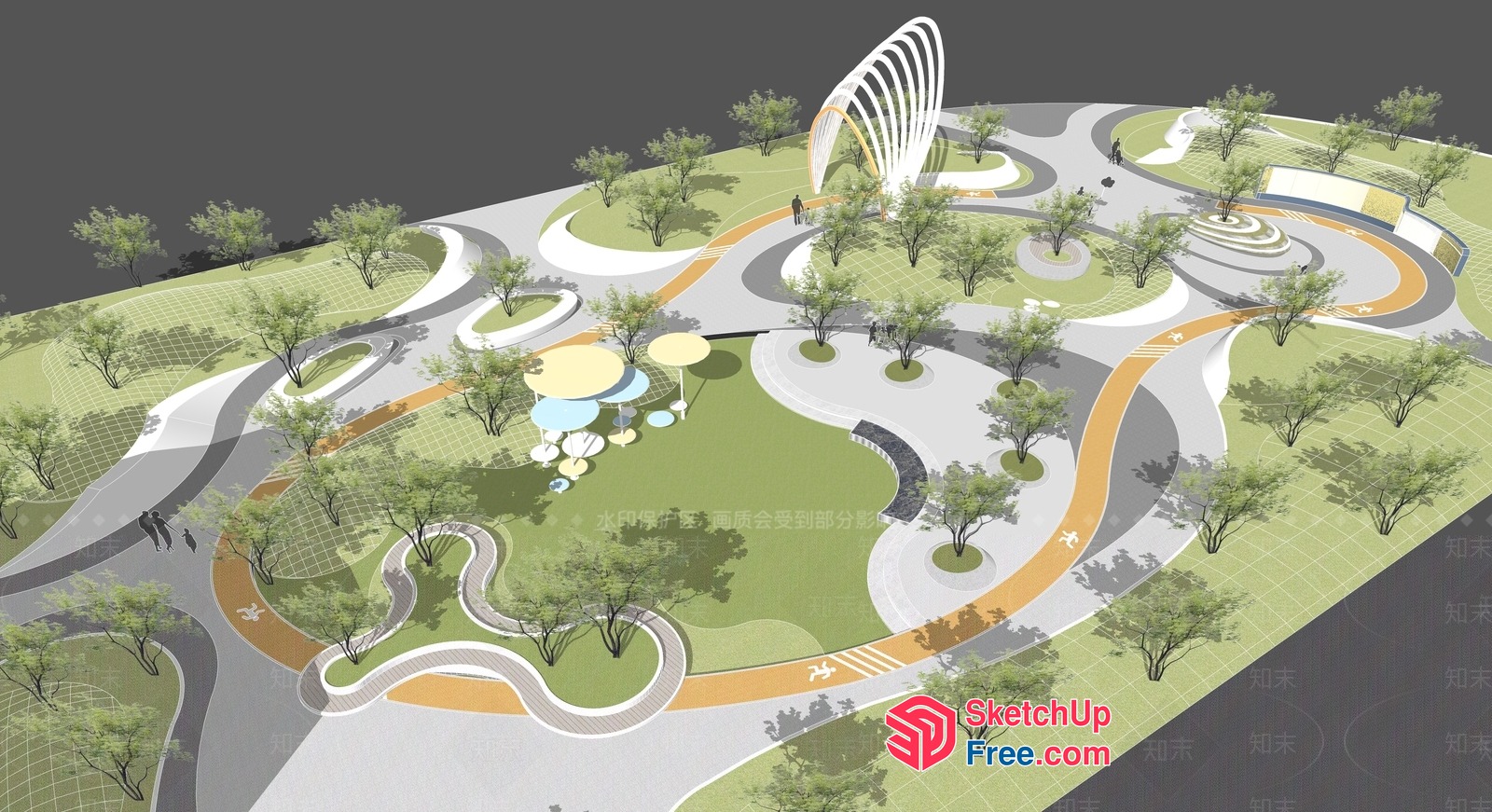 Modern Park With Curved Paths And Greenery 3D SketchUp File
