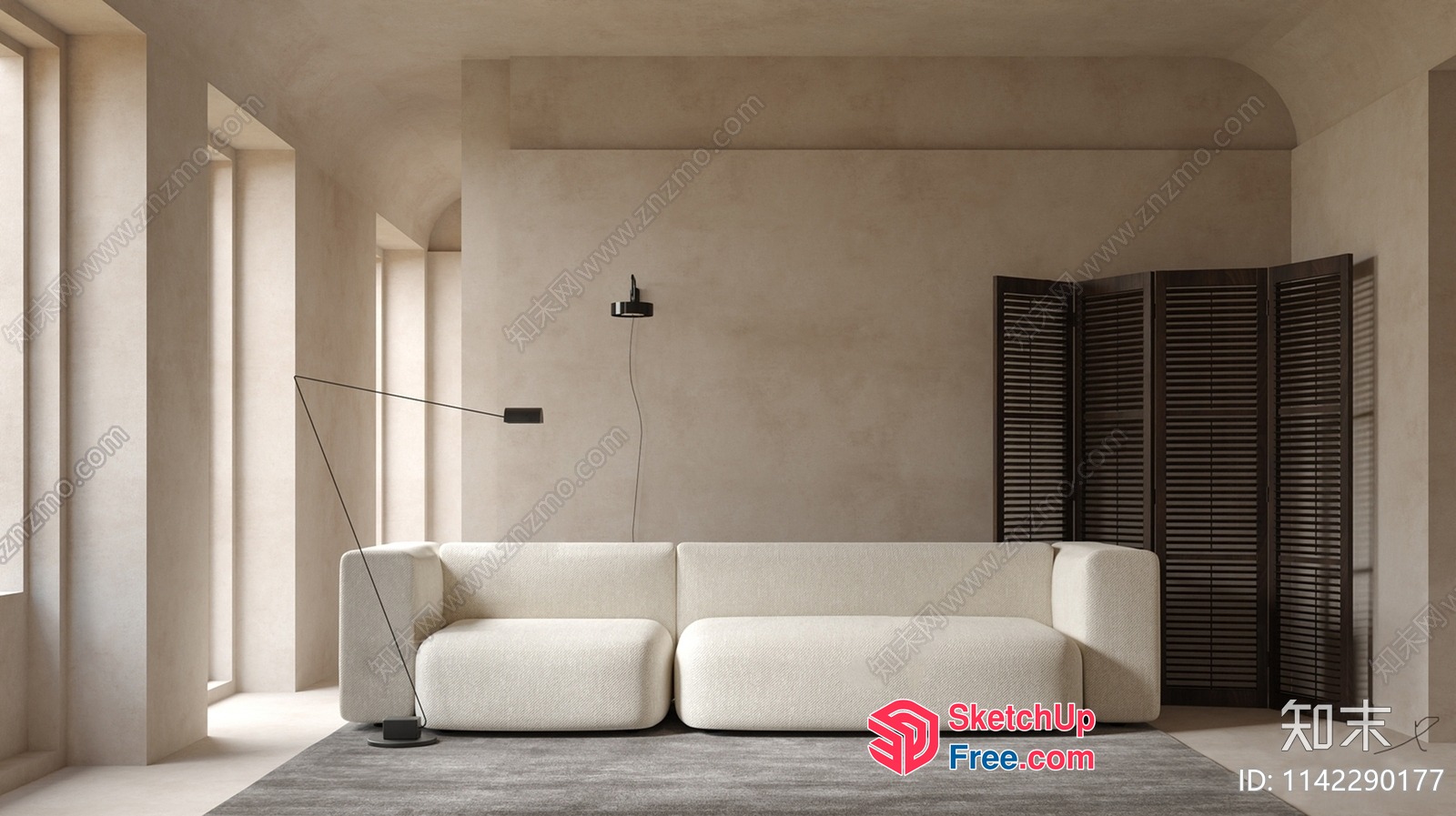 Minimalist Living Room With White Sofa And Gray Rug 3D SketchUp File