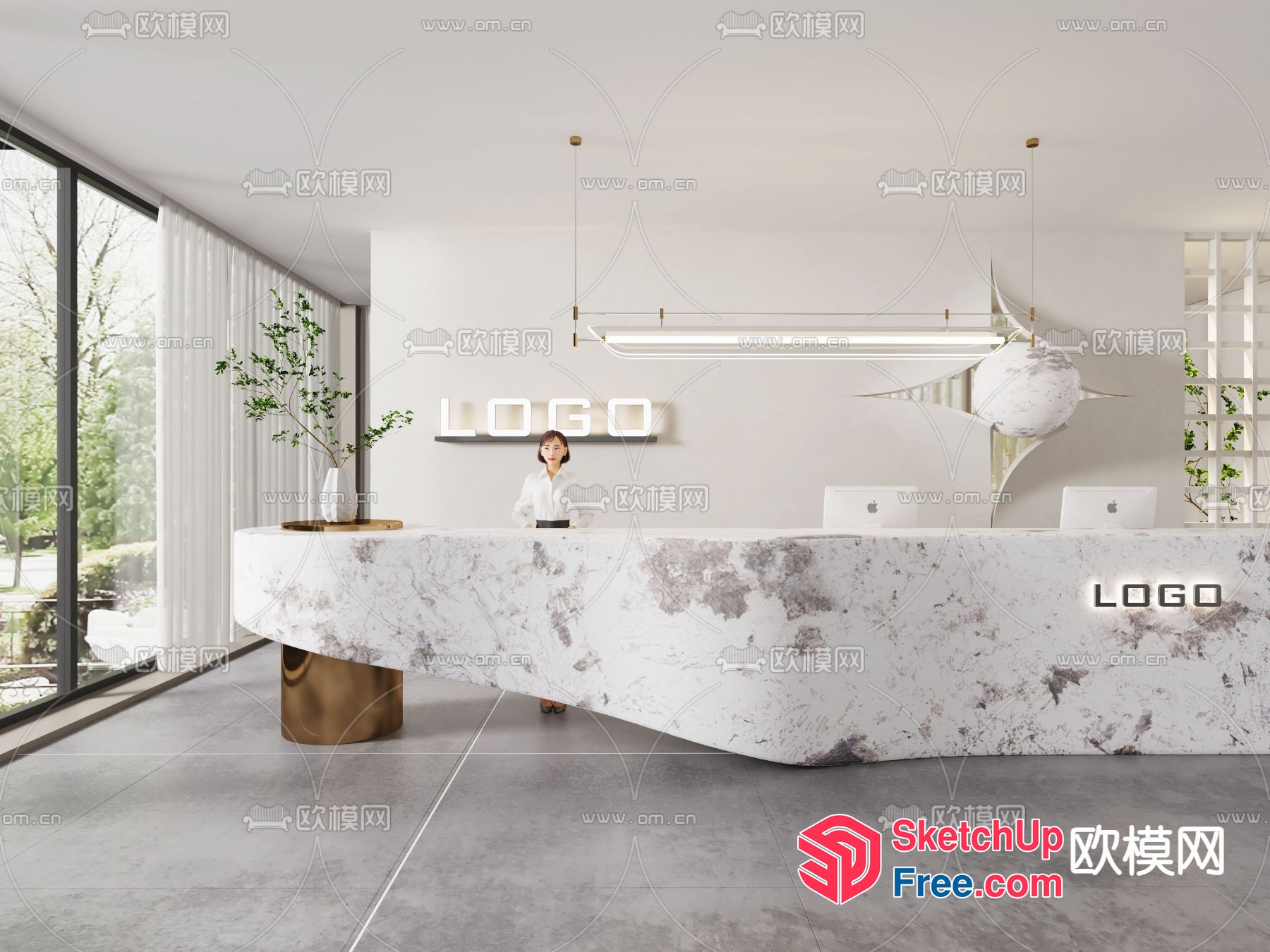 Modern Reception Area With Marble Countertop And White Walls 3D SketchUp File