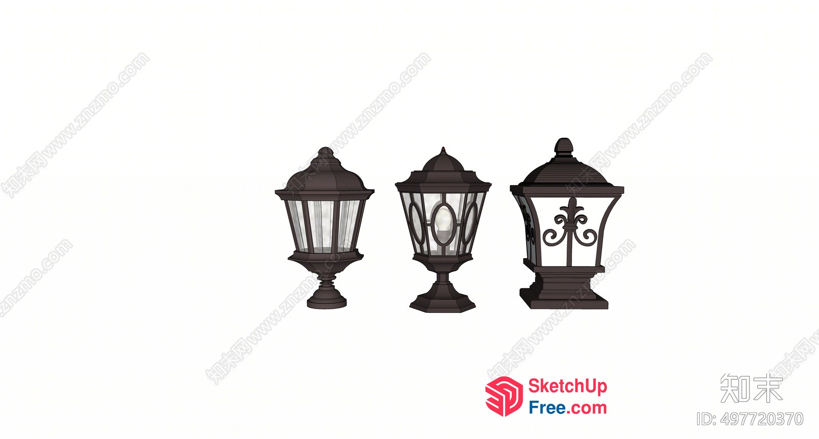 Three Ornate Street Lamps 3D SketchUp File