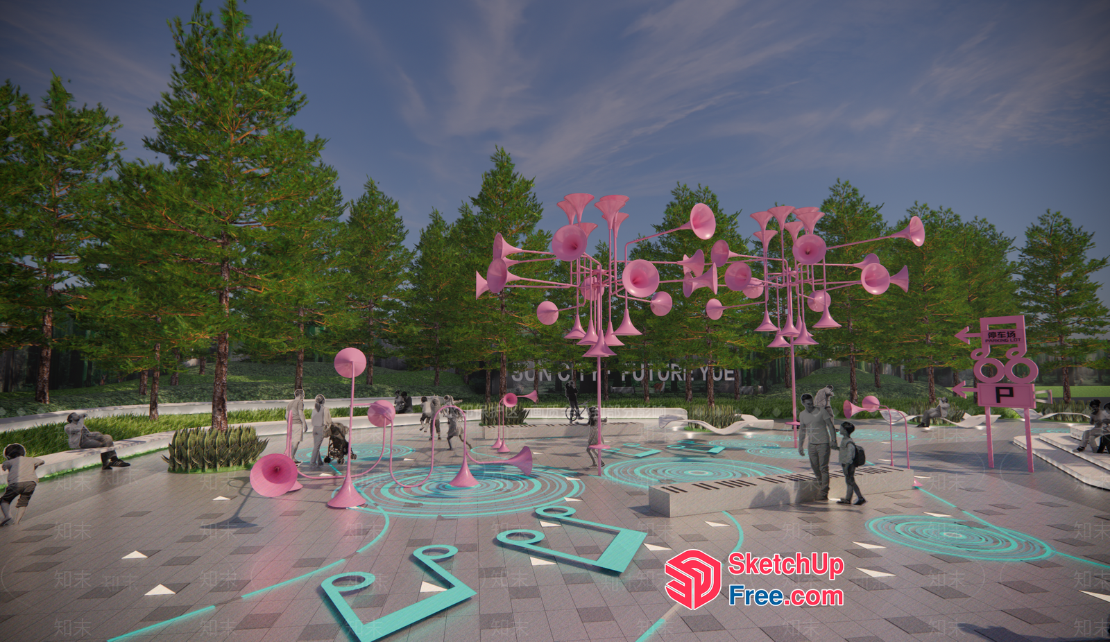 Futuristic Outdoor Space With Vibrant Pink And Blue Decorations 3D SketchUp File