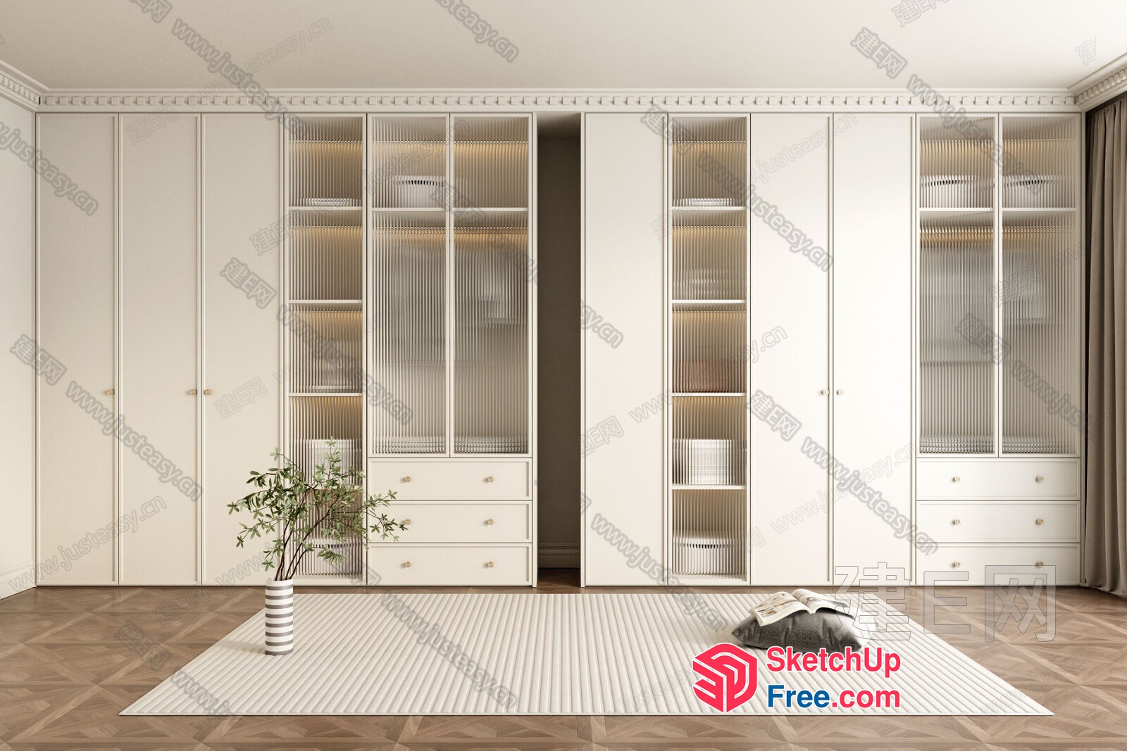 Elegant And Modern White Wardrobe With Glass Doors 3D SketchUp File