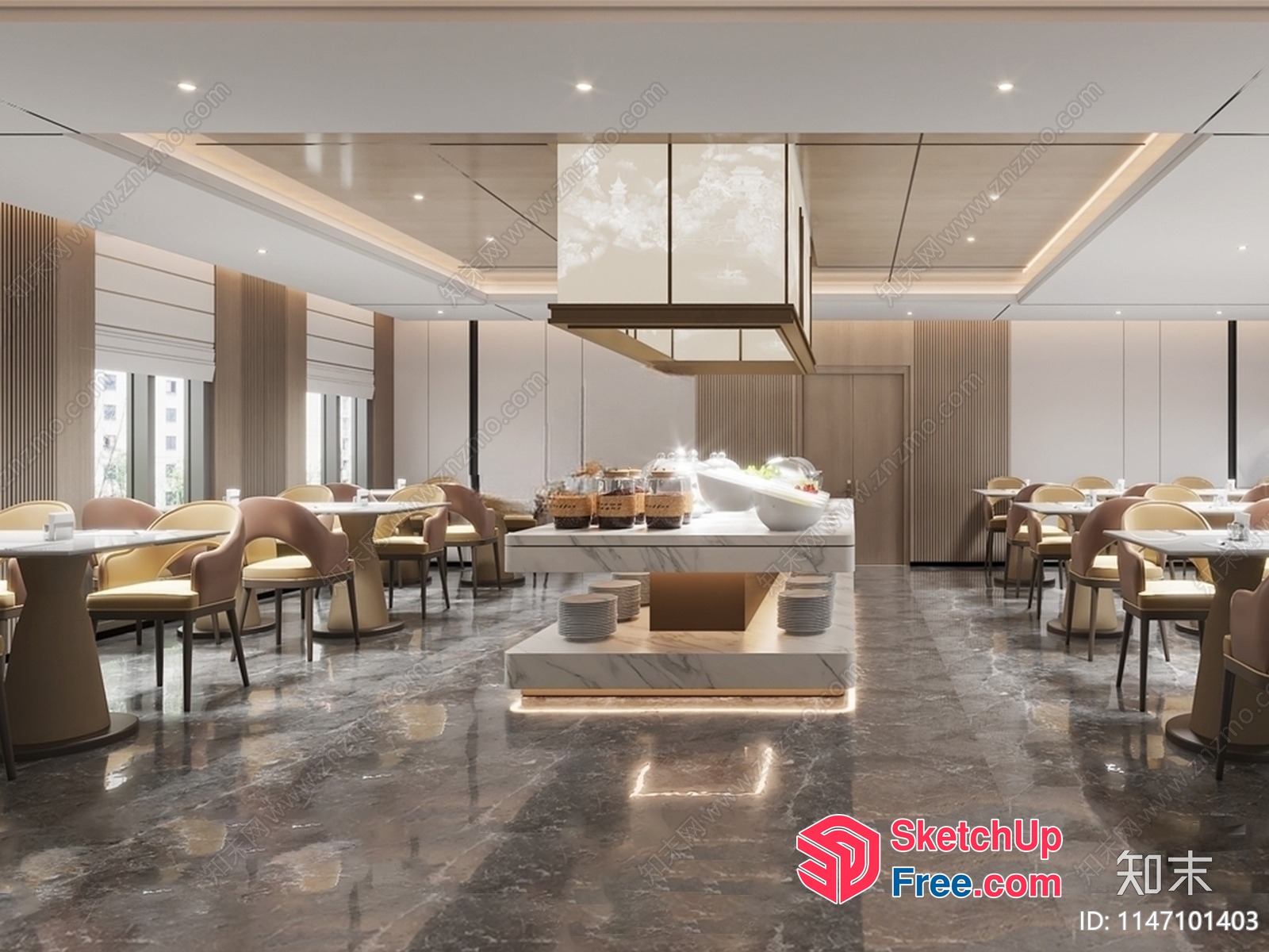 Modern Restaurant Interior With Marble Flooring And Elegant Decor 3D SketchUp File