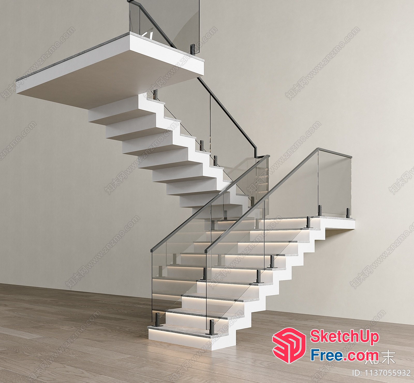 Modern Minimalist Staircase Design With Glass Railings 3D SketchUp File
