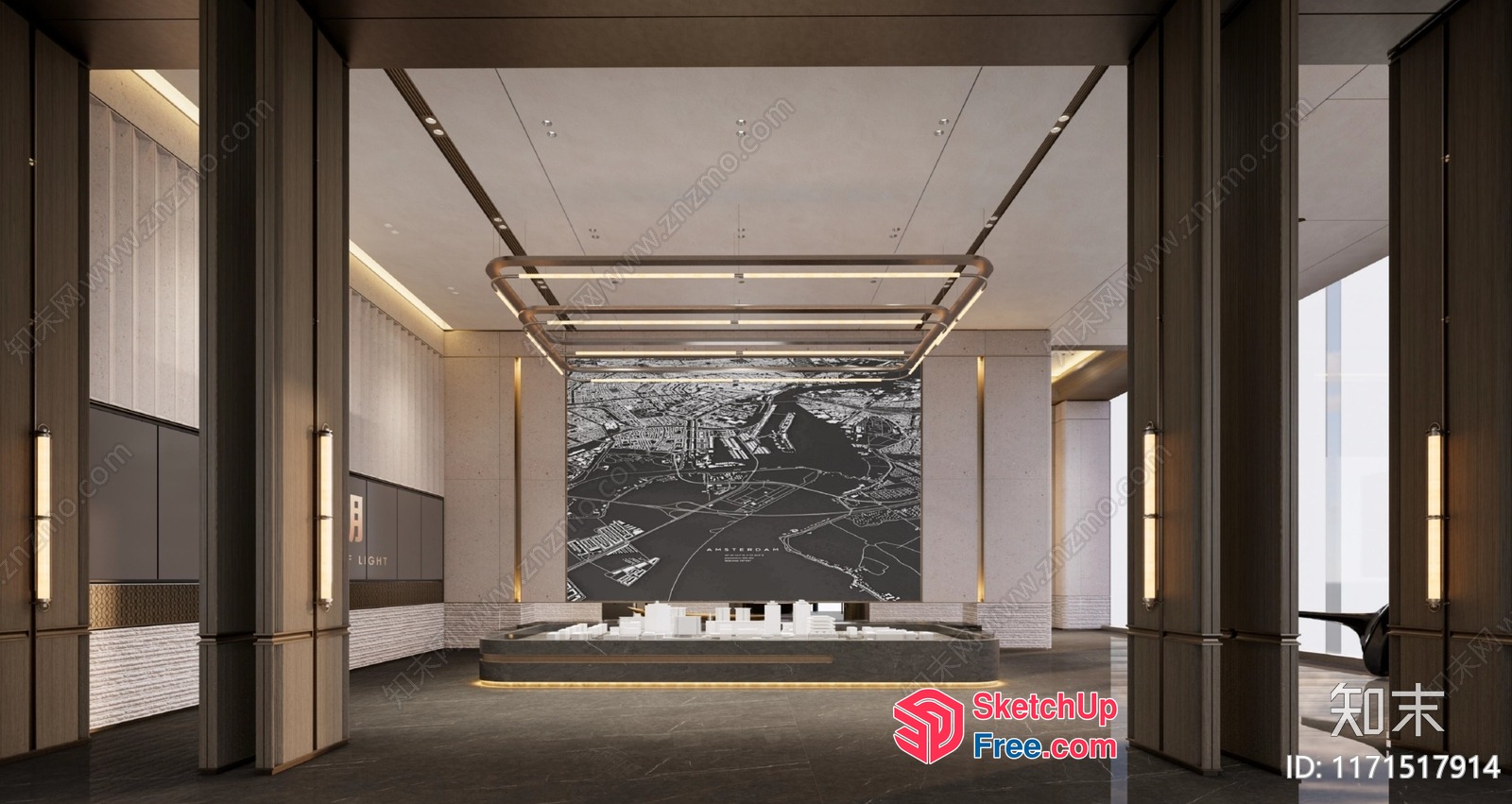 Modern Minimalist Office Space With Large Map Wall 3D SketchUp File