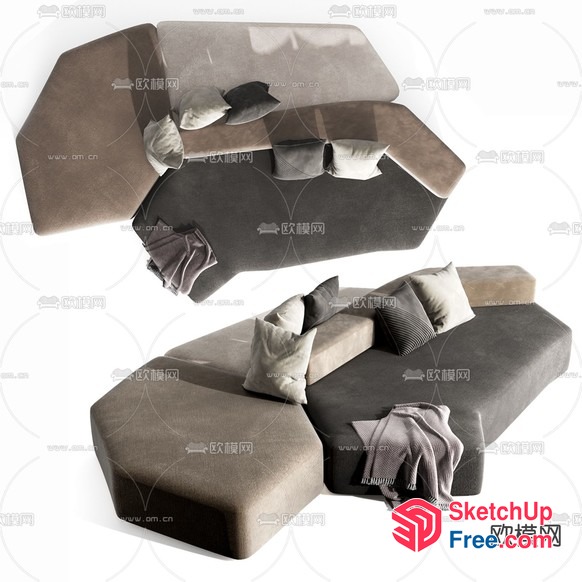 Modern L-Shaped Sofa With Pillows And Blankets 3D SketchUp File