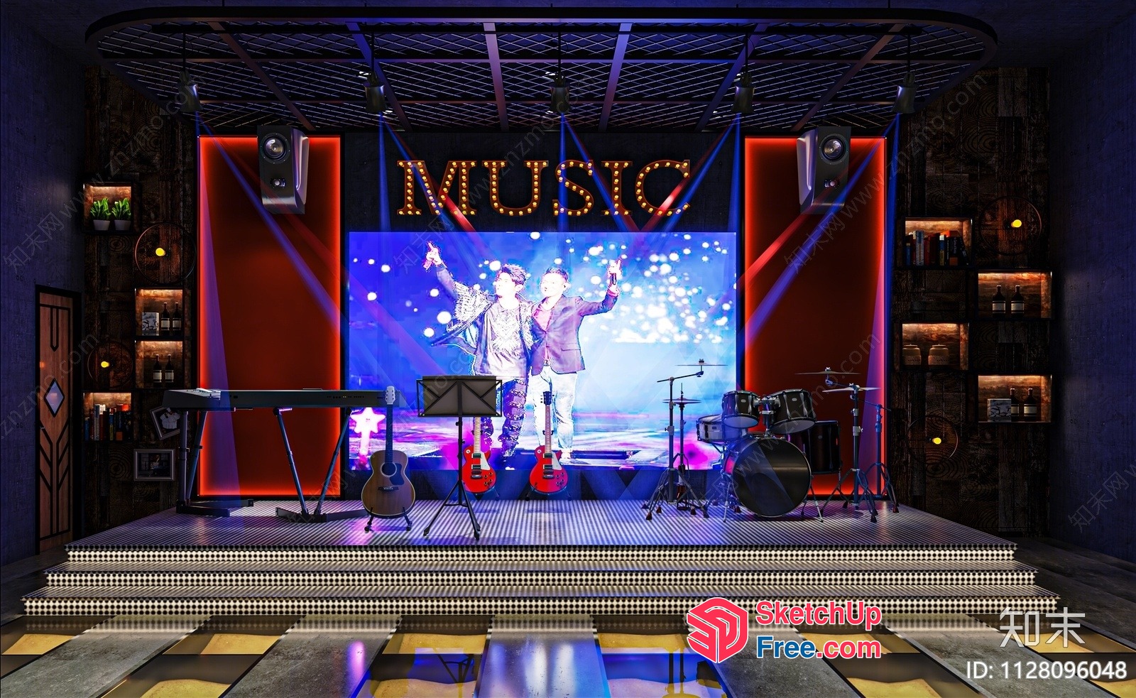 Stage With Musical Instruments And Large Screen 3D SketchUp File