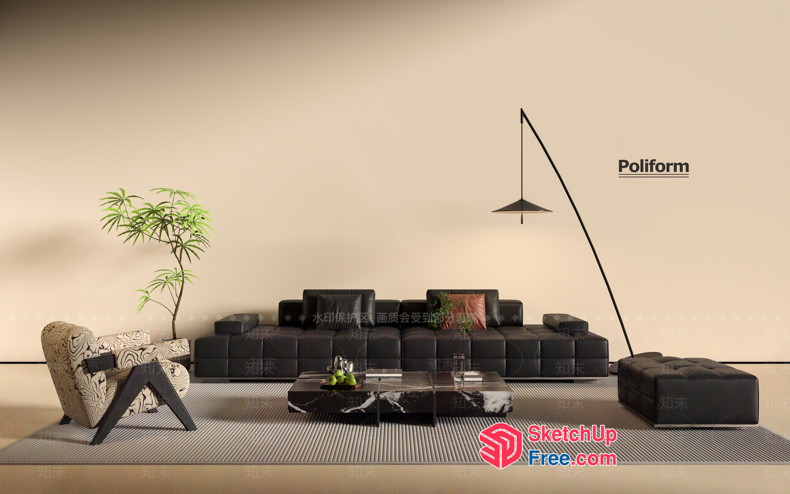 Modern Living Room With Black Furniture And Marble Coffee Table 3D SketchUp File