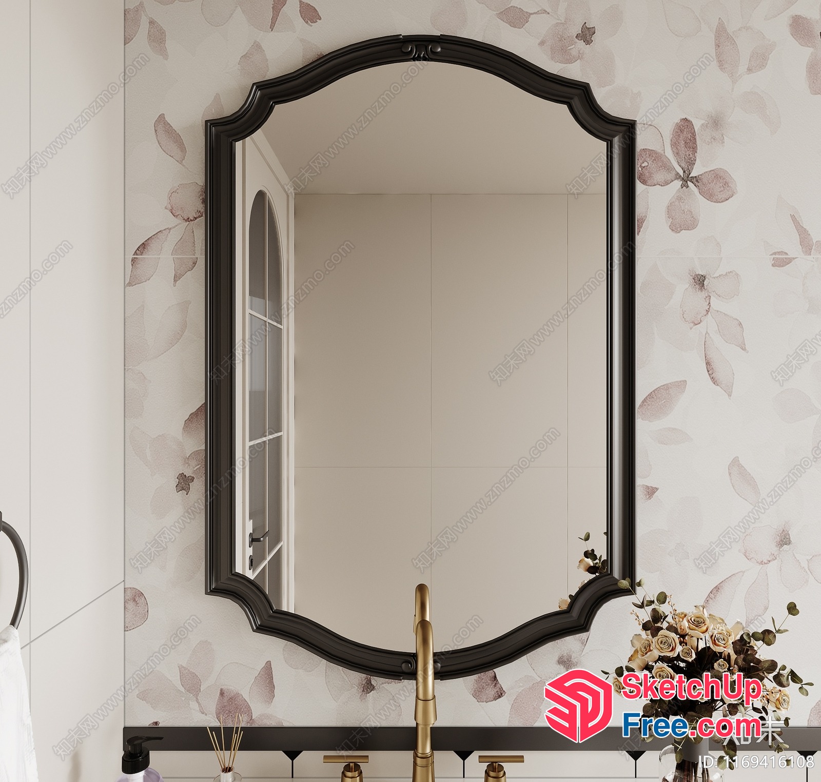 Elegant Black Mirror With Gold Faucet And White Flowers 3D SketchUp File
