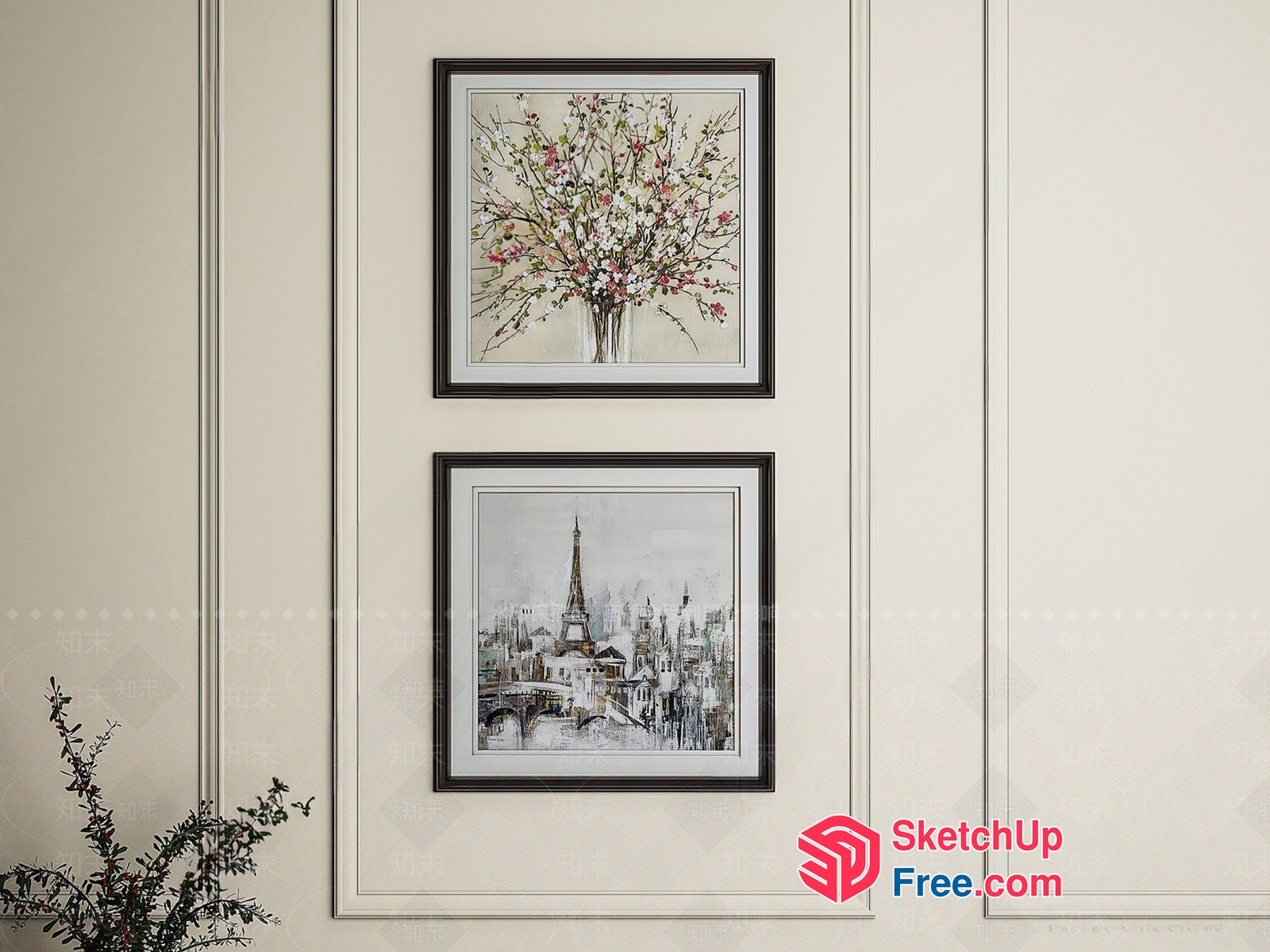 Elegant Framed Artworks On Creamy Beige Wall 3D SketchUp File