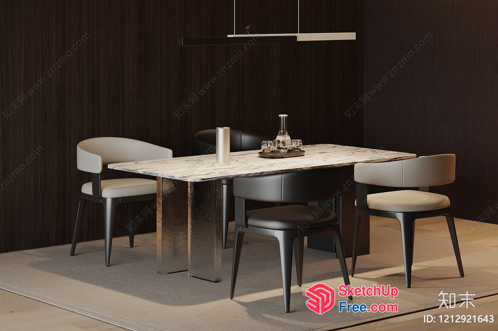 Modern Minimalist Dining Room With White Marble Table And Black Chairs 3D SketchUp File