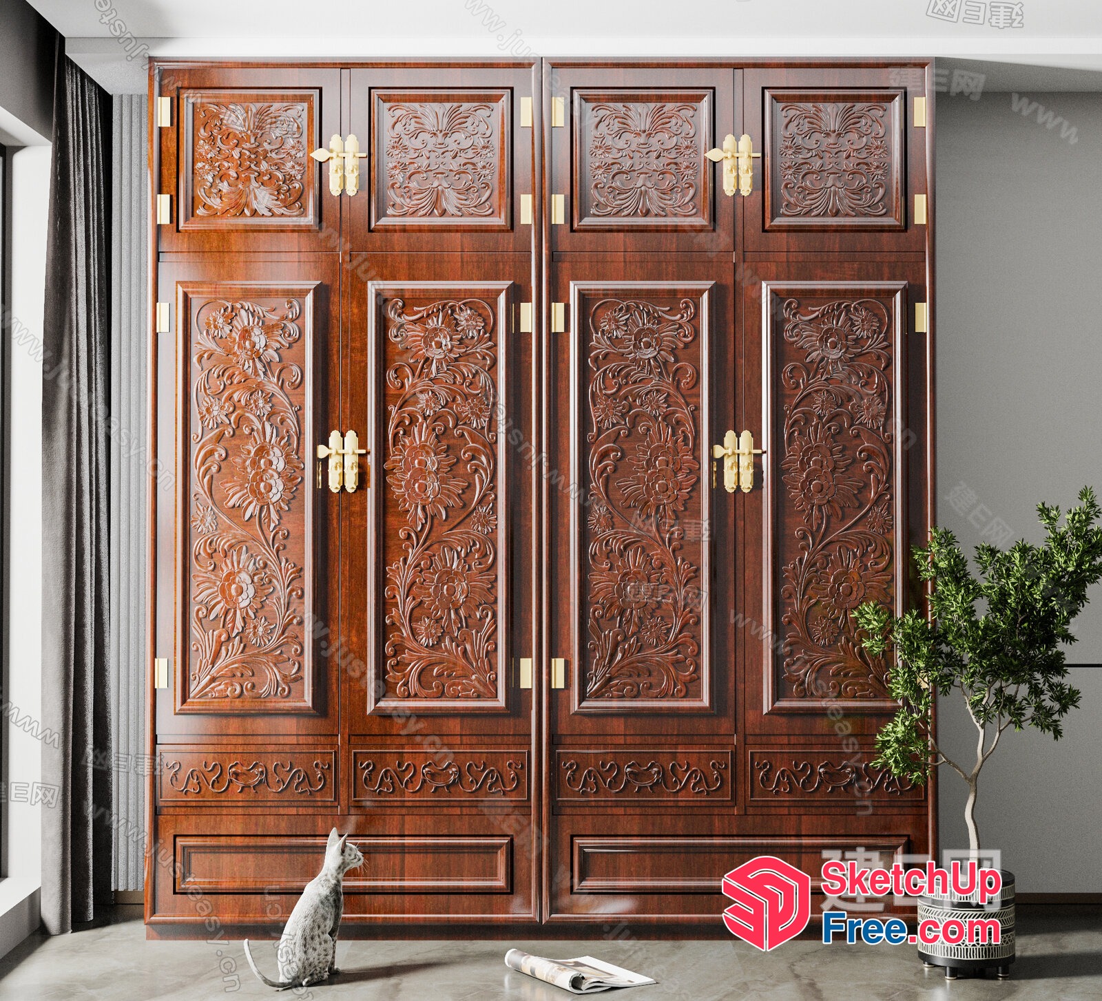 Ornate Wooden Cabinet With Carved Floral Design 3D SketchUp File