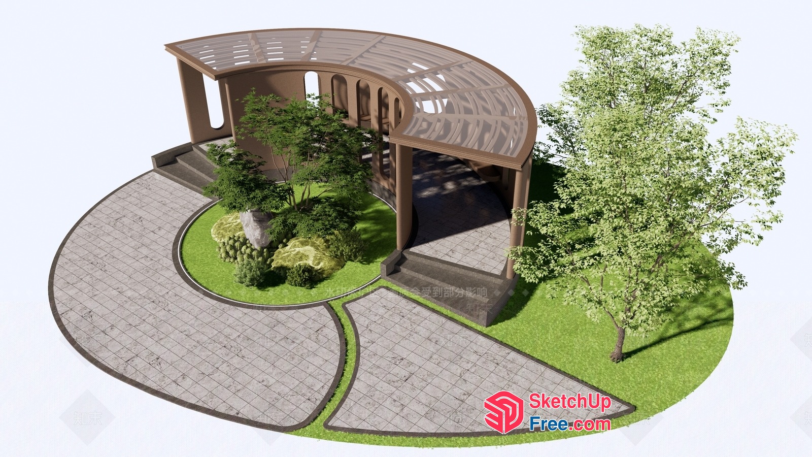 Elegant Curved Entrance With Glass Roof And Paved Path 3D SketchUp File