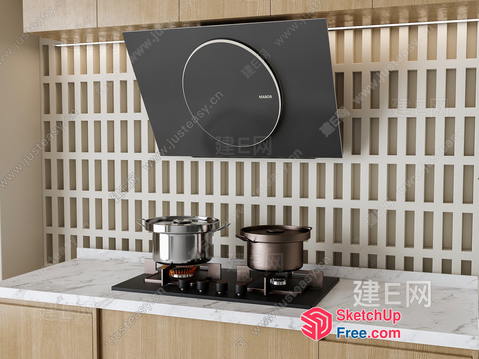 Modern Kitchen With Black Glass Range Hood And Stainless Steel Cooktop 3D SketchUp File