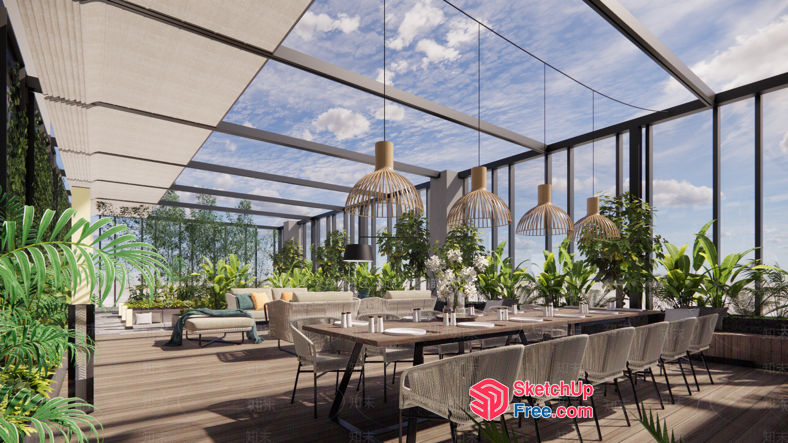 Modern Glass Roof Dining Room With Natural Light 3D SketchUp File