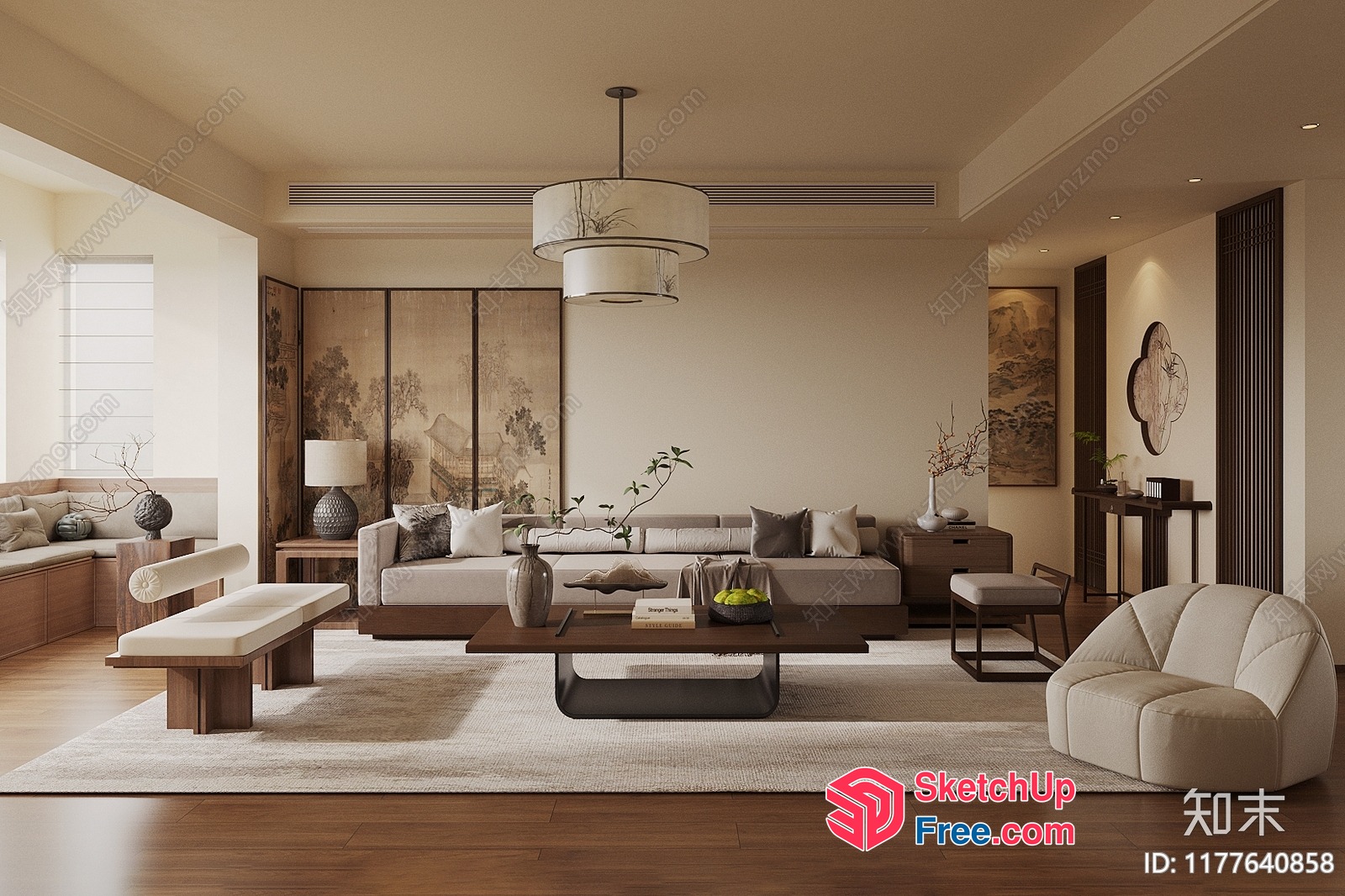 Modern Japanese-Inspired Living Room With Natural Elements 3D SketchUp File