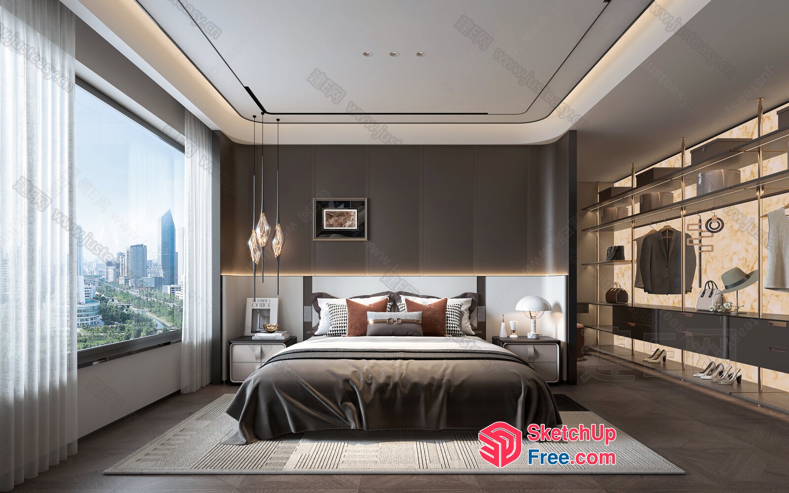 Modern Dark Bedroom With City View 3D SketchUp File