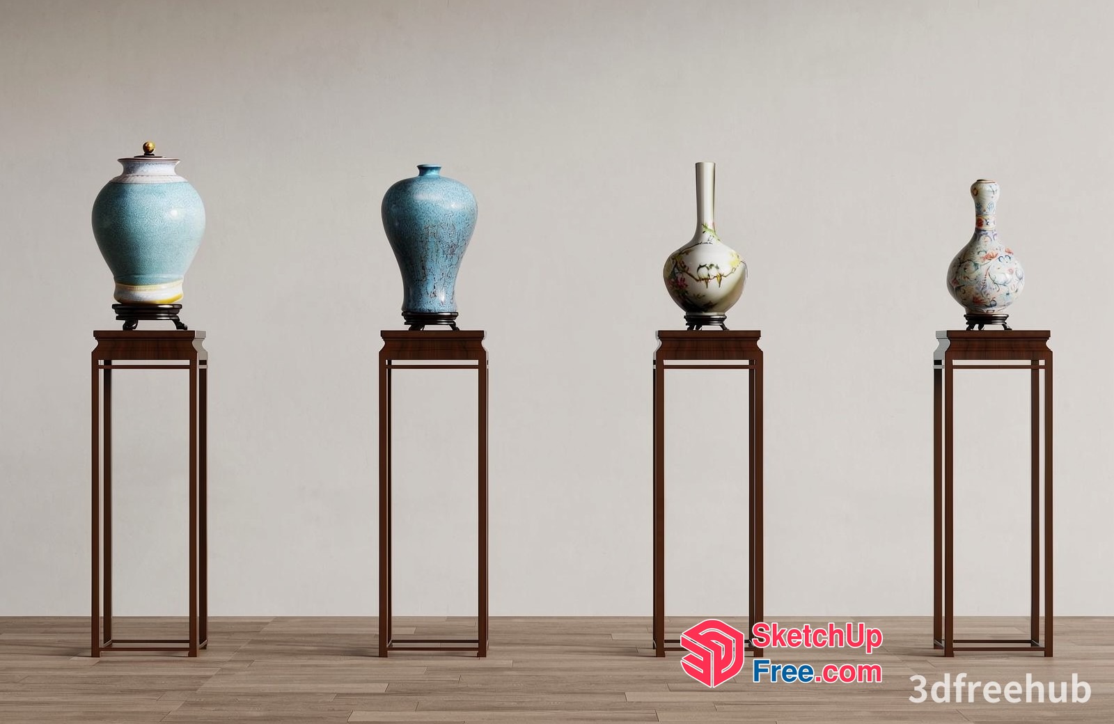 Four Decorative Vases On Wooden Stands 3D SketchUp File