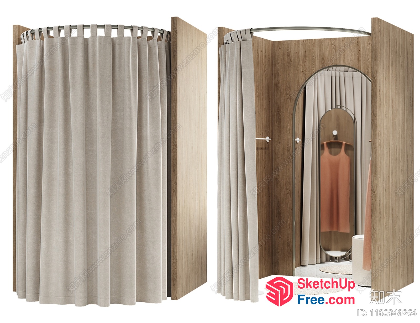 Elegant Wooden Partition Screen With Creamy Curtain 3D SketchUp File