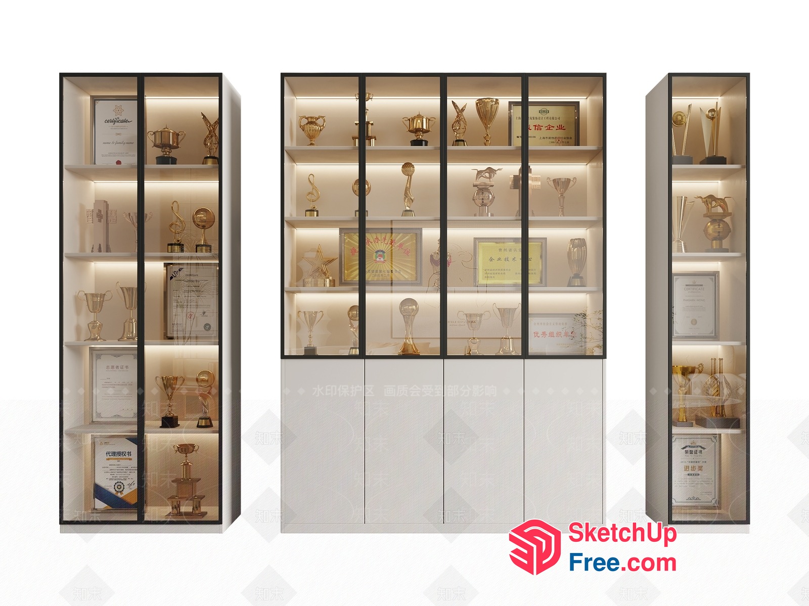 Elegant Trophy Display Cabinets With Glass Doors And Lighting 3D SketchUp File