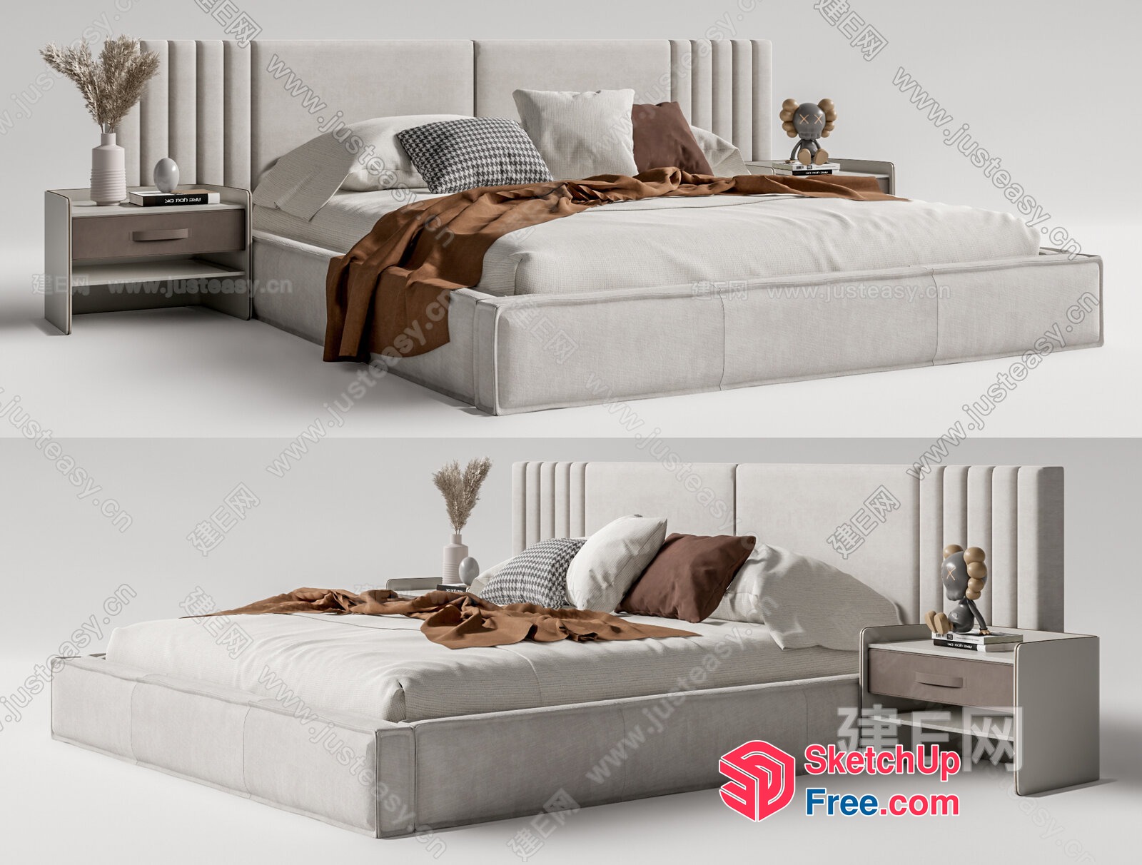 Modern Minimalist Bedroom Set With Pillows And Bedside Table 3D SketchUp File