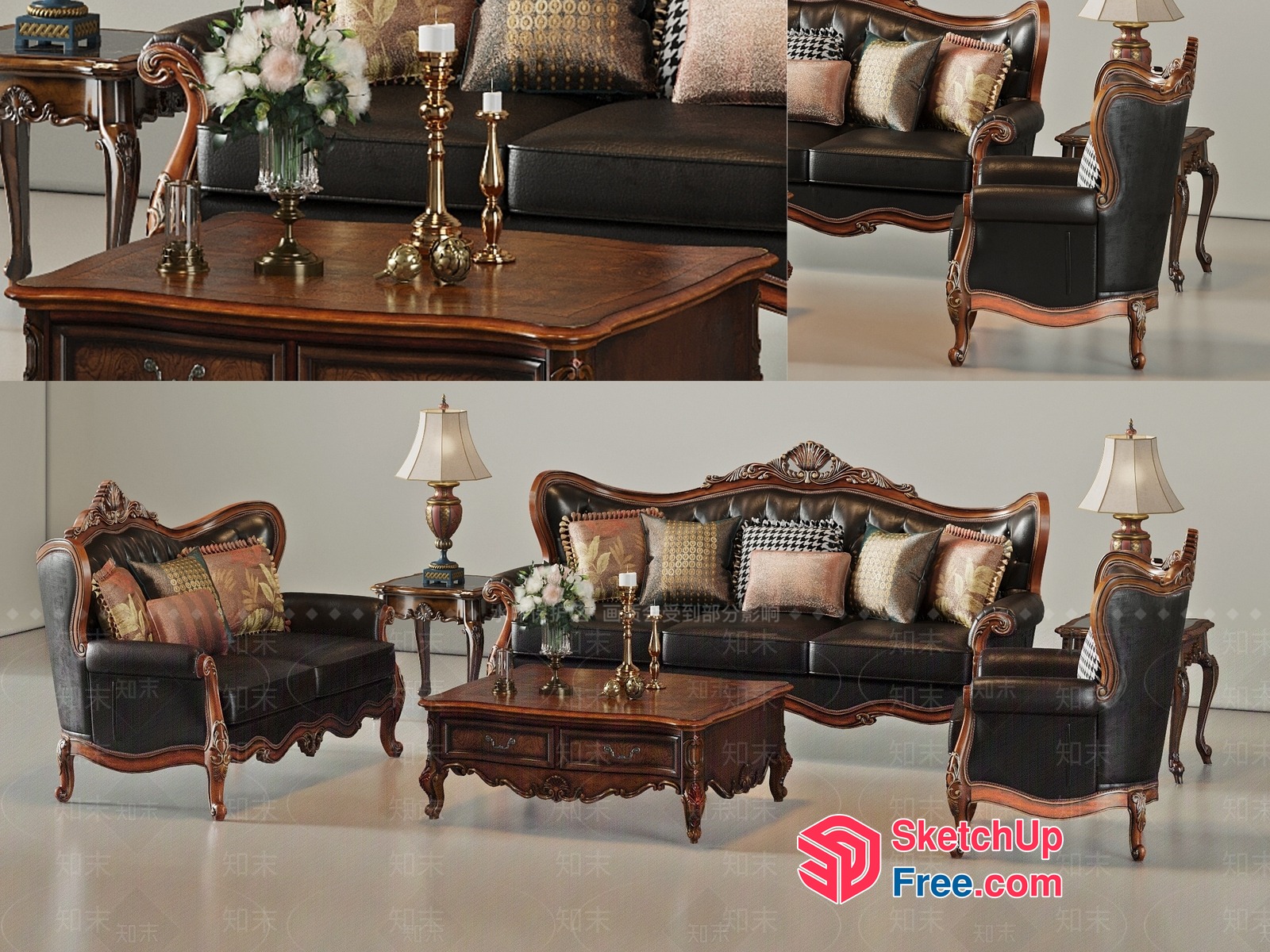 Ornate Dark Wood And Leather Living Room Set 3D SketchUp File