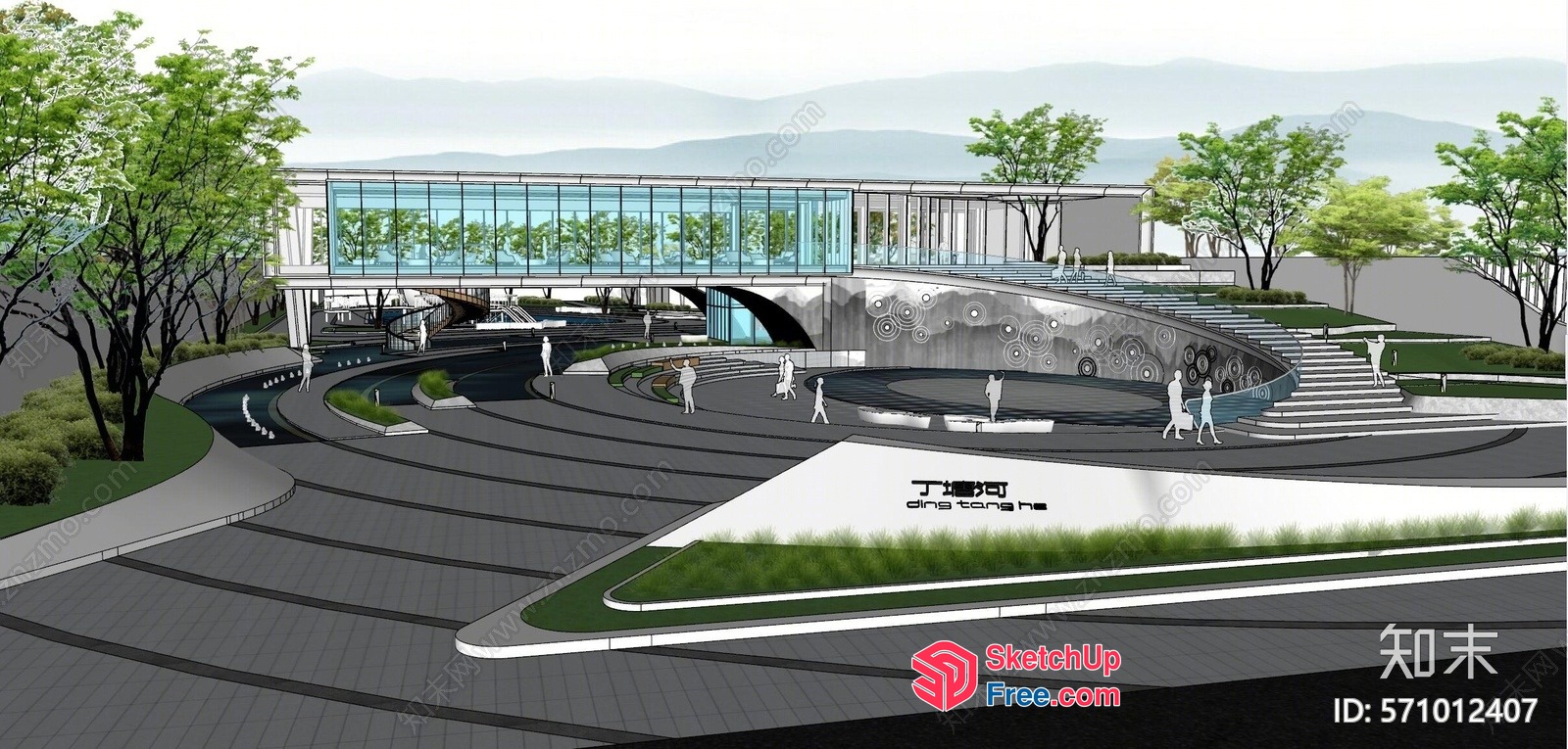 Modern Glass Building With Staircase And People Walking 3D SketchUp File