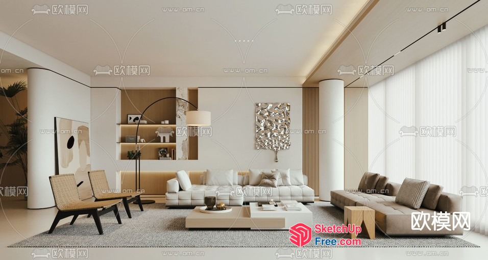 Modern Living Room With Creamy Style And Pillars 3D SketchUp File