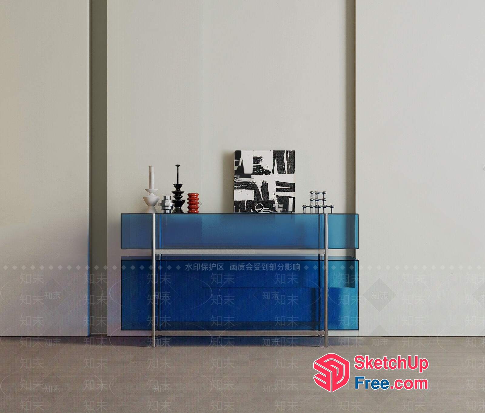 Modern Glass Console Table With Decorative Items 3D SketchUp File