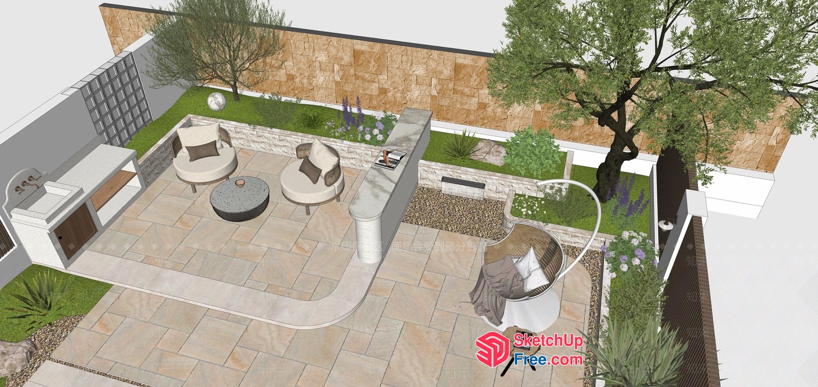 Outdoor Living Space With Elegant Furniture And Stone Decor 3D SketchUp File